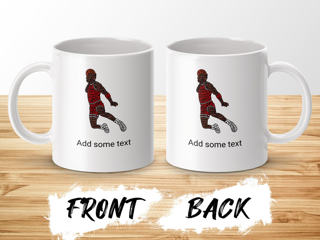 Two white mugs displayed with basketball player graphic and "Add some text."