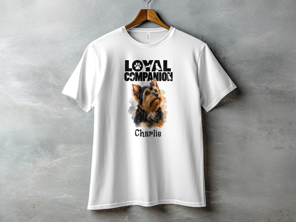 White t-shirt with a Yorkshire Terrier and "Loyal Companion Charlie" text.