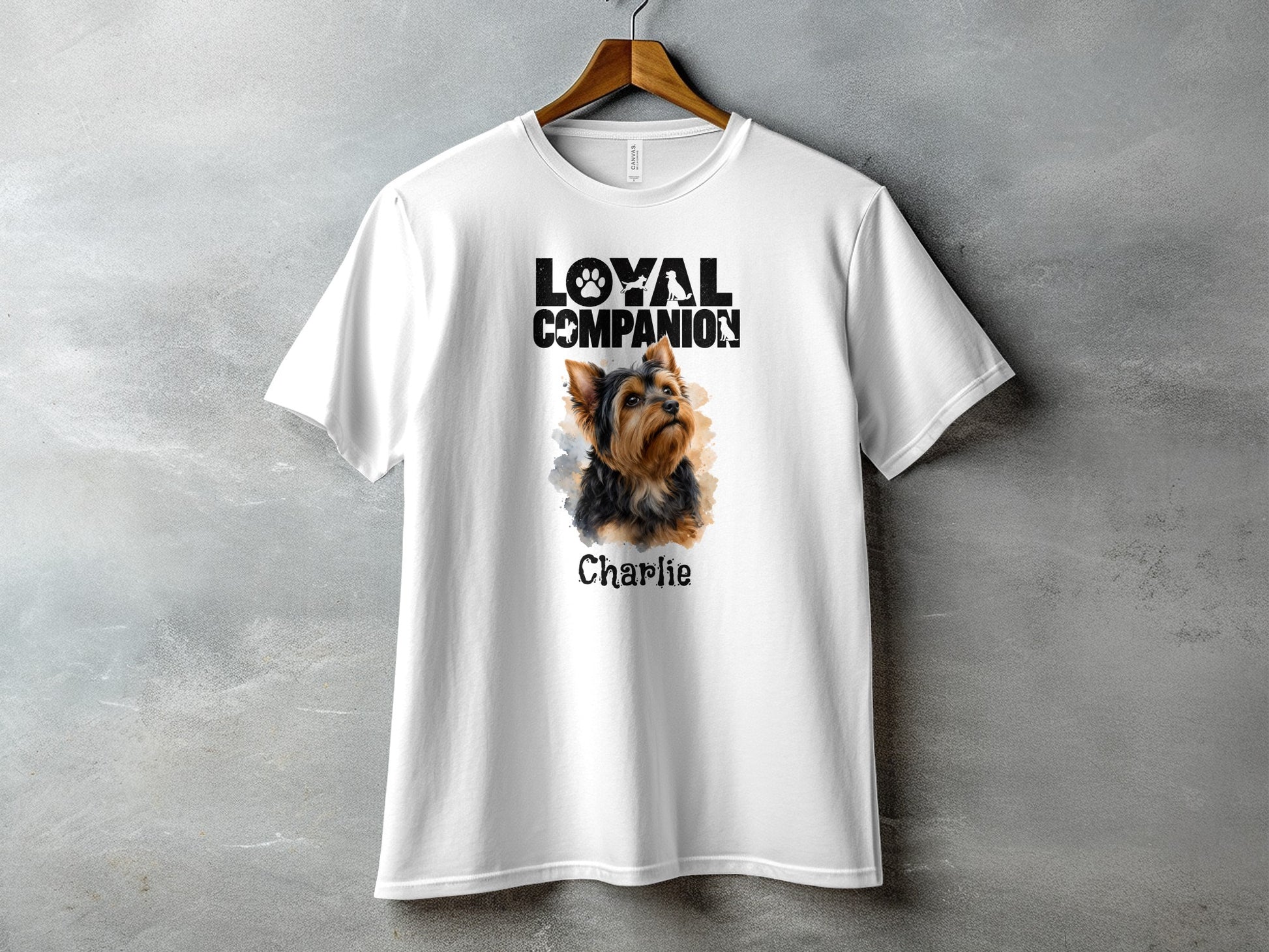White t-shirt with a Yorkshire Terrier and "Loyal Companion Charlie" text.