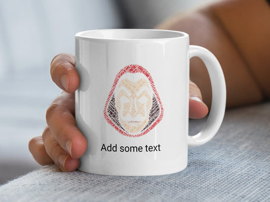 White mug with Salvador Dali face made of text from La Casa de Papel.