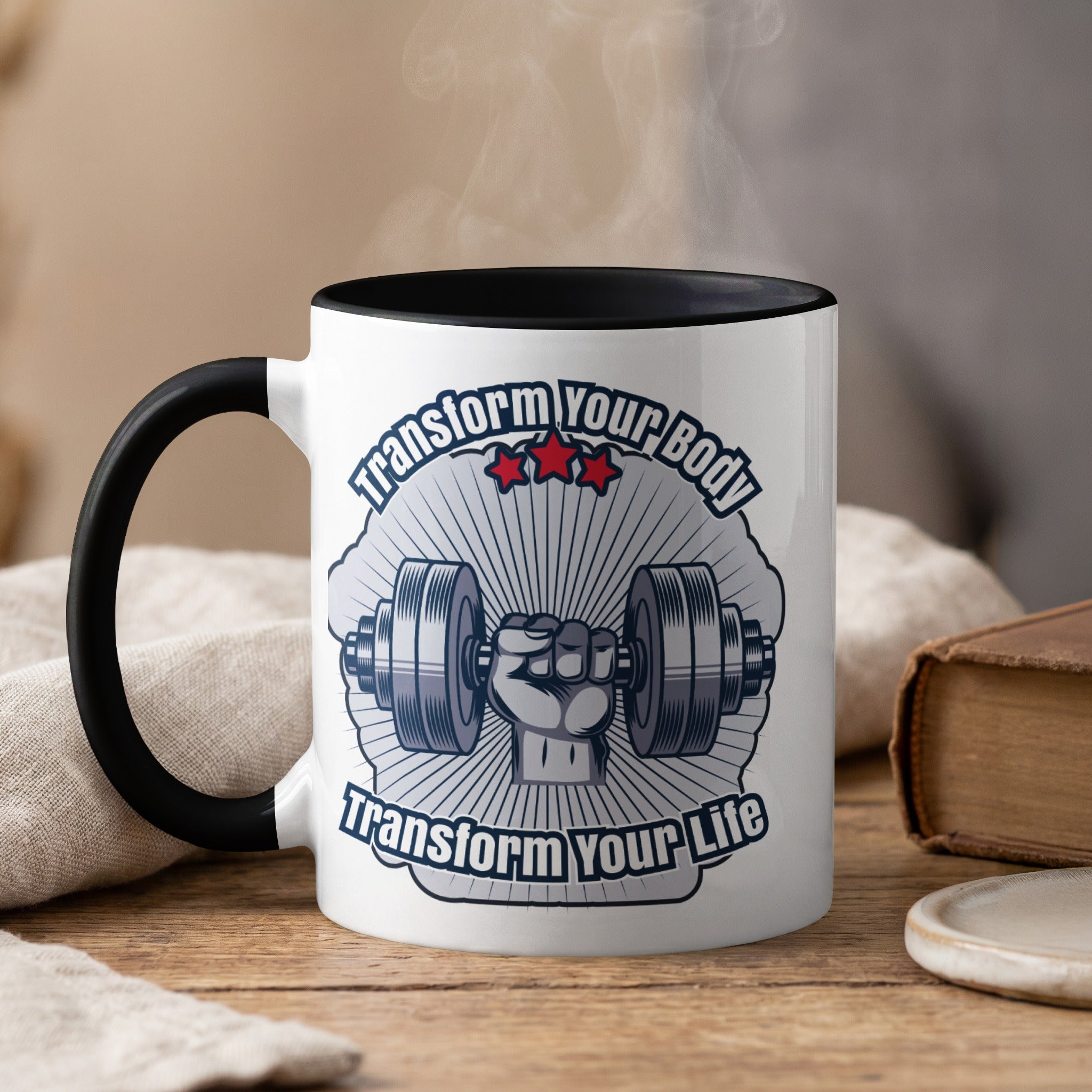 Mug with dumbbell and text "Transform Your Body Transform Your Life".