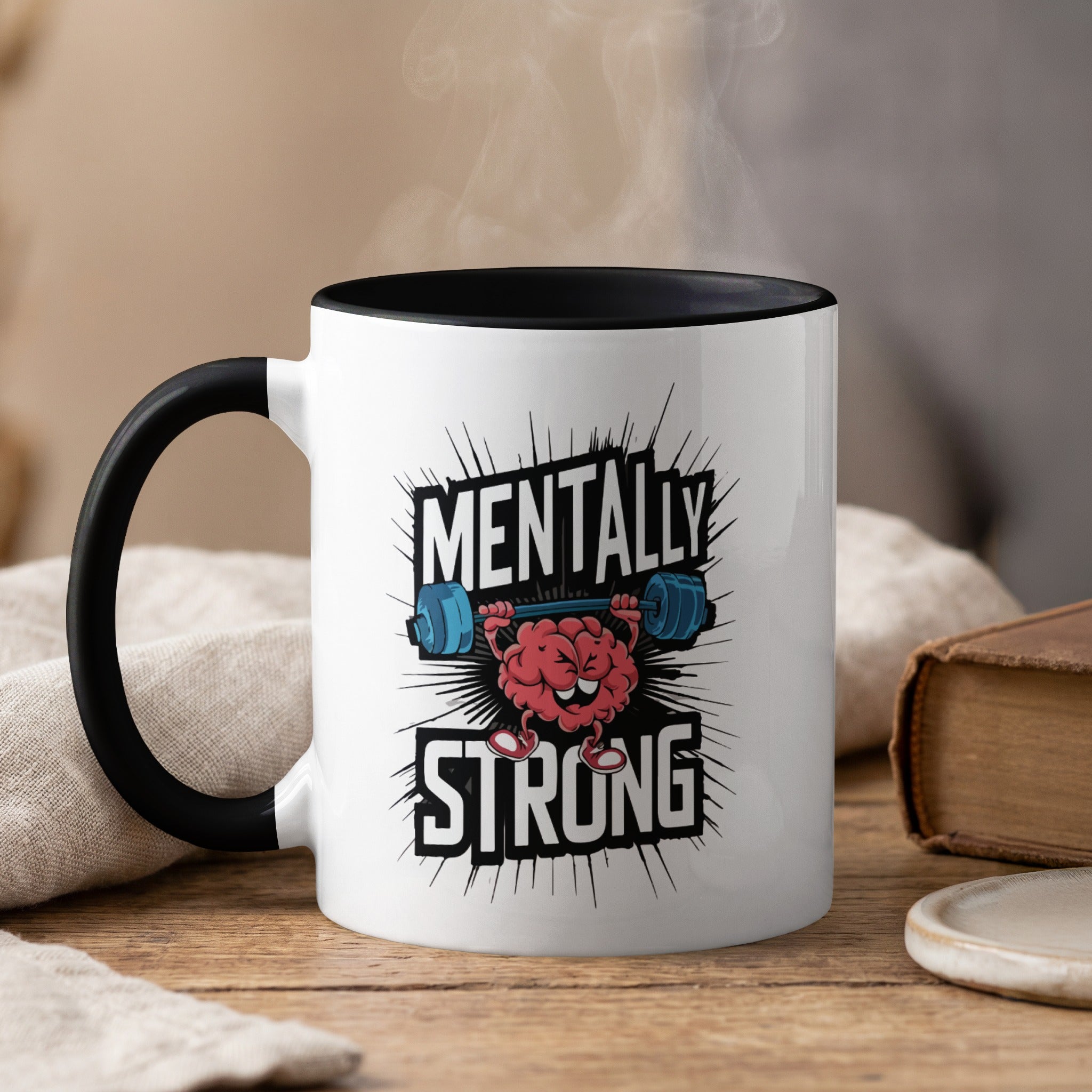 Mug with a cartoon brain lifting a barbell and text "MENTALLY STRONG".