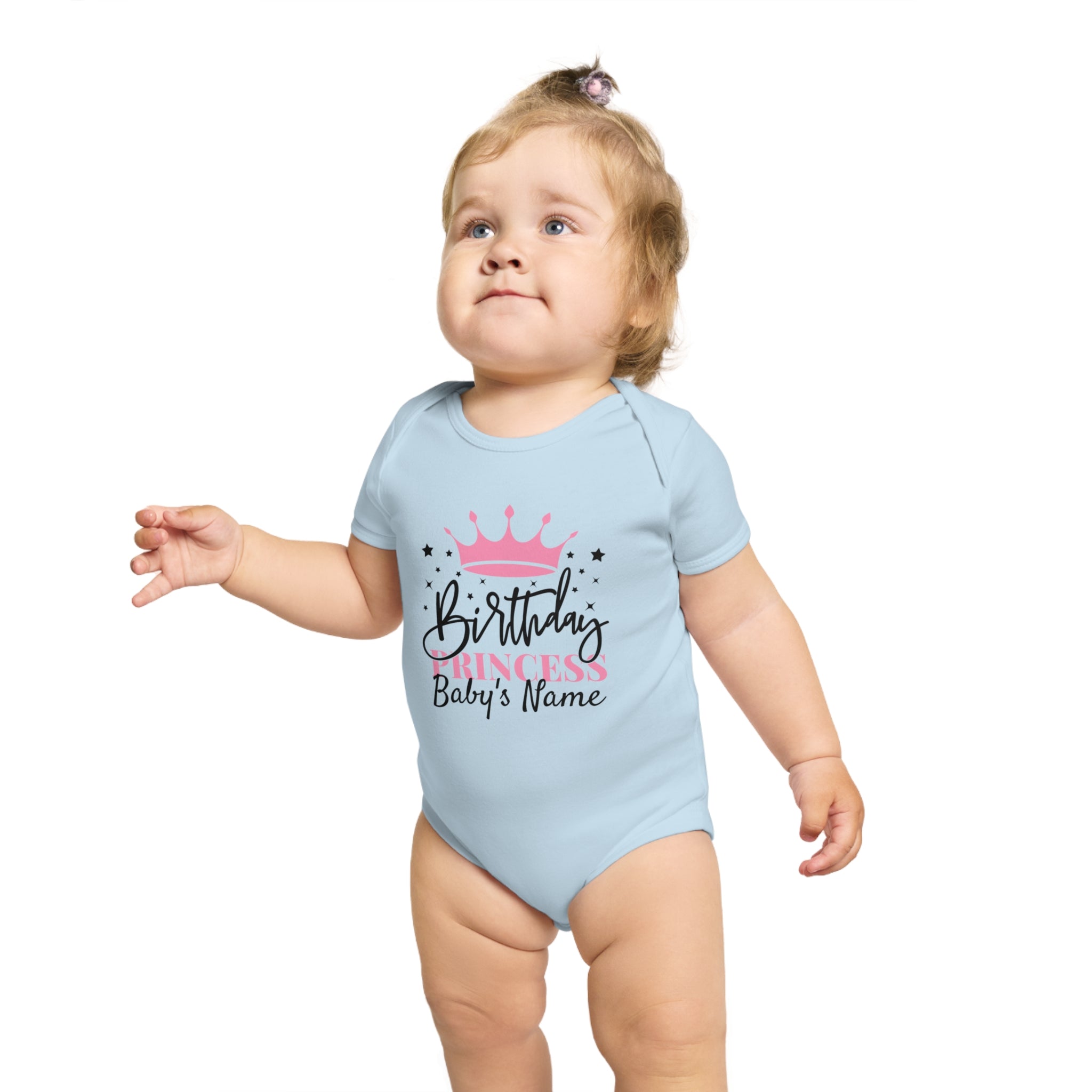 Baby in pale blue onesie with "Birthday Princess Baby's Name" text.