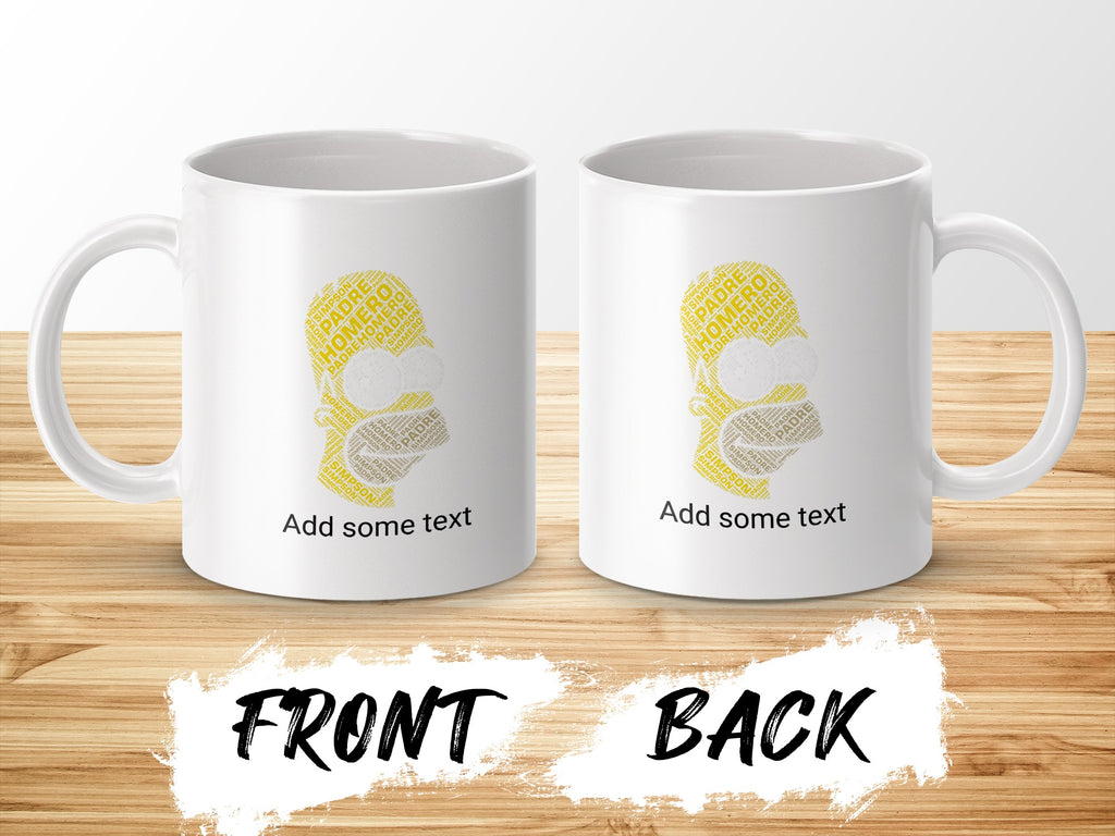 White mug with "Homero Simpson Padre" text pattern, front and back views.
