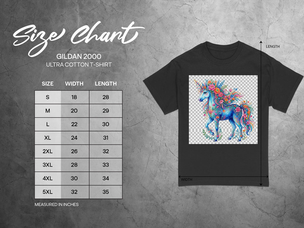 Gildan 2000 Ultra Cotton T-Shirt size chart with a floral unicorn graphic.