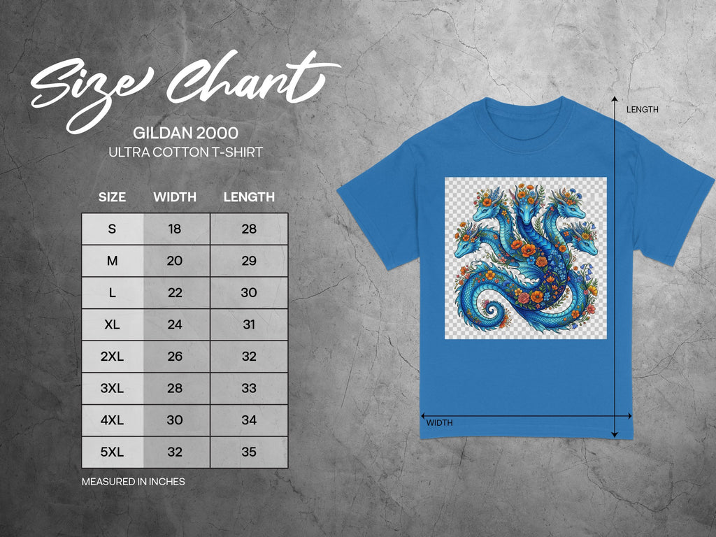 Gildan 2000 size chart for Ultra Cotton t-shirts with dragon graphic.