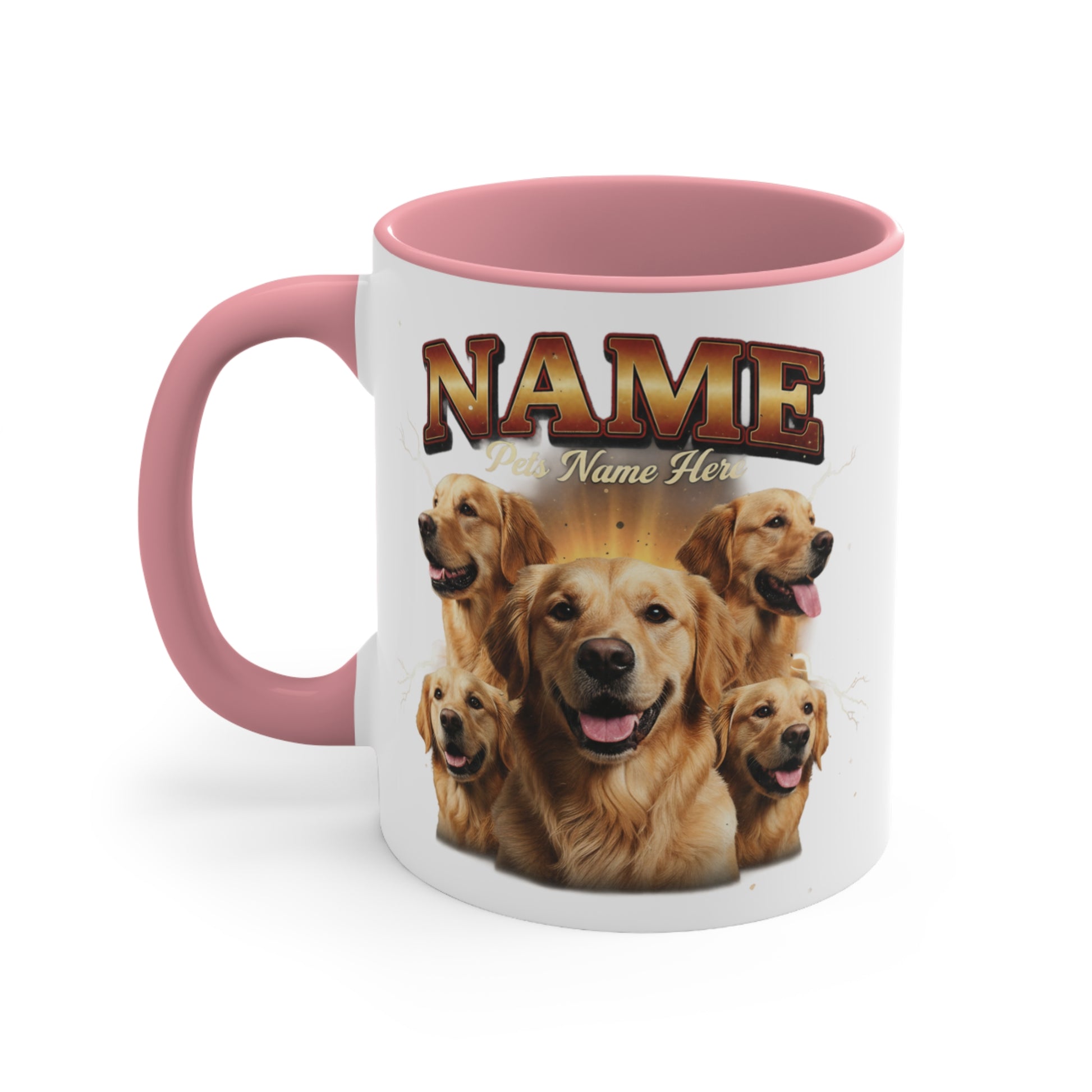 Golden retriever collage mug with customizable name and pet names.