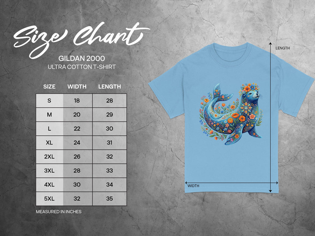 Gildan 2000 Ultra Cotton T-shirt size chart with width and length measurements in inches.