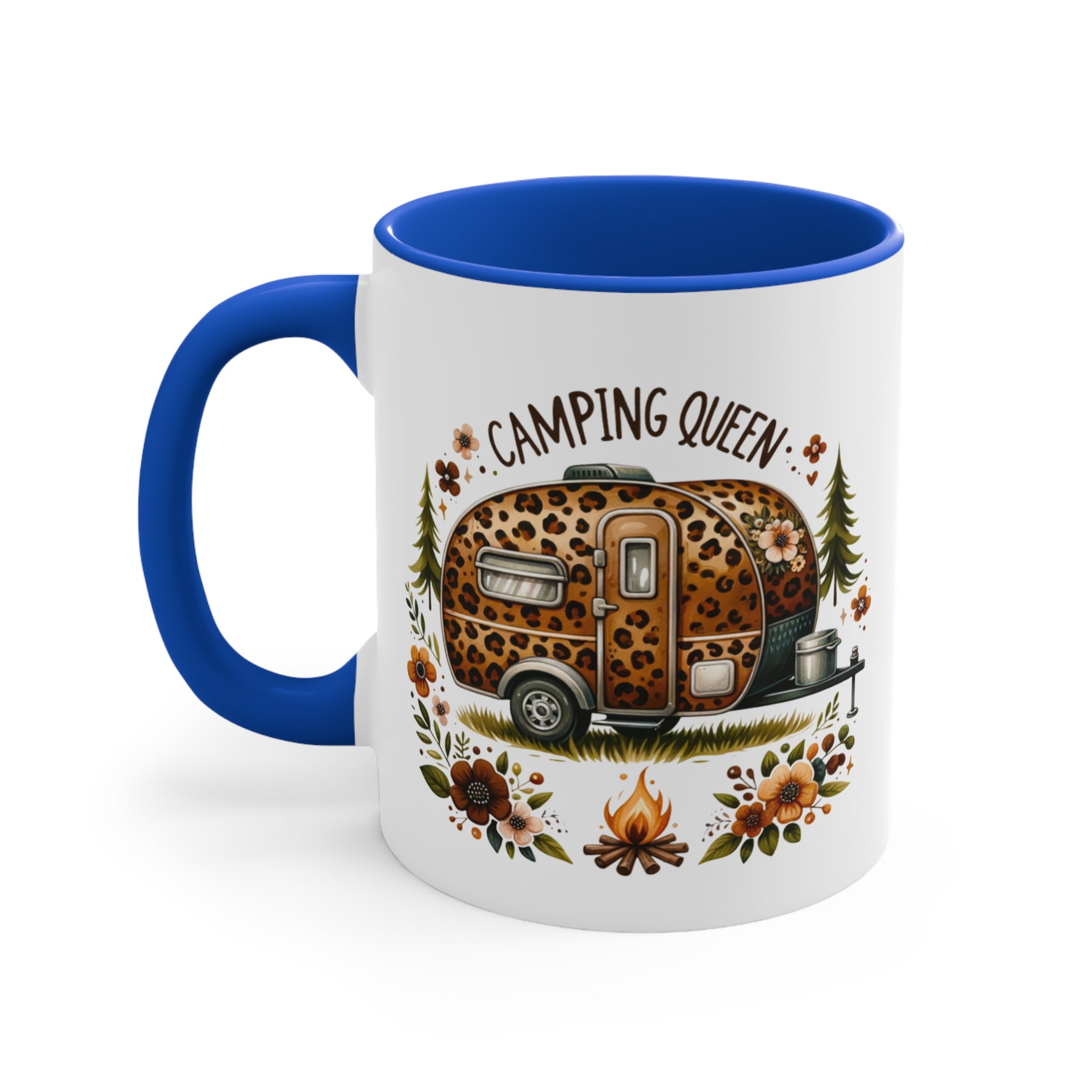 White mug with blue handle featuring a leopard print camper, campfire, and flowers.