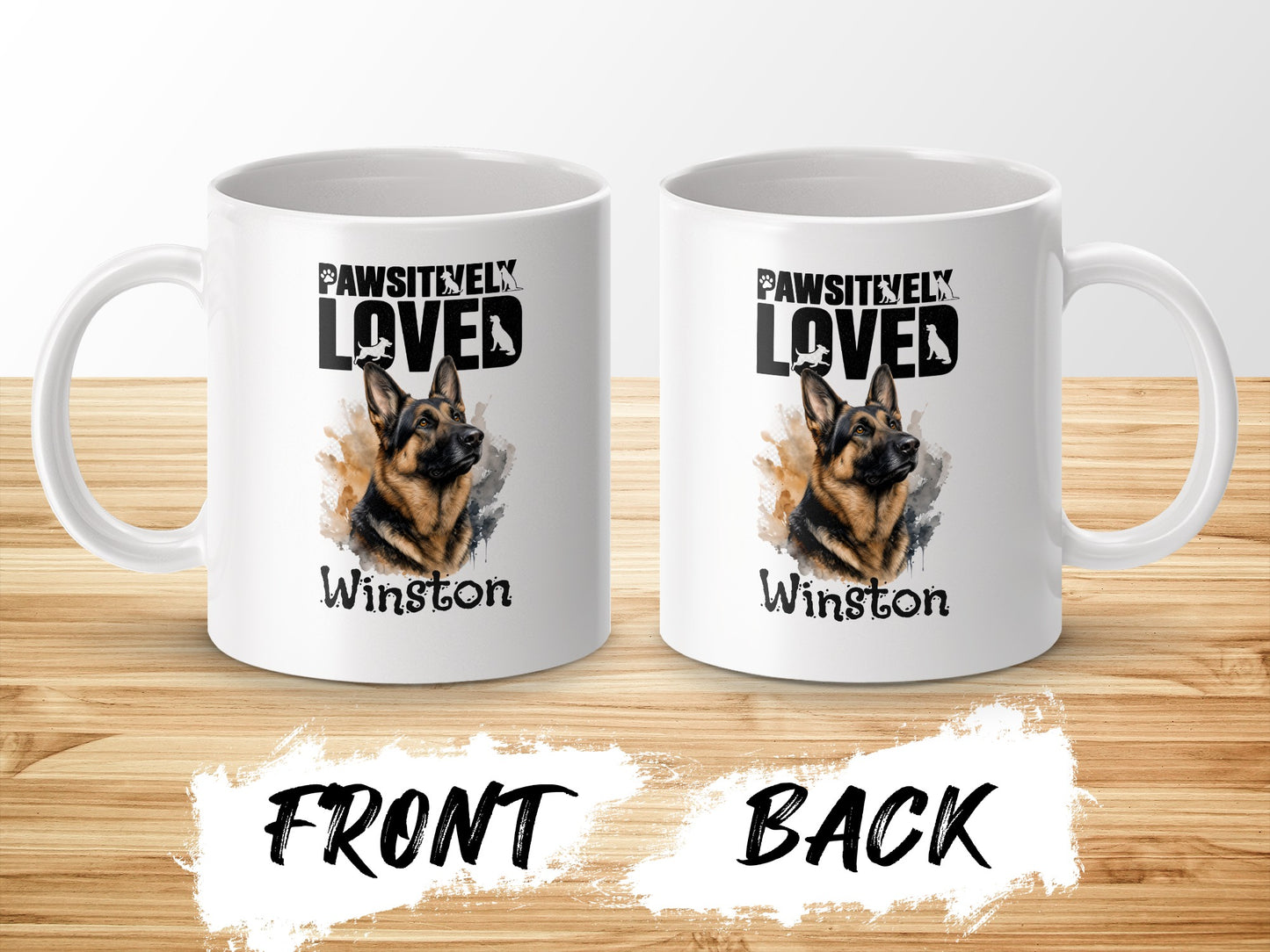 Two white mugs with German Shepherd art and "Winston" text.