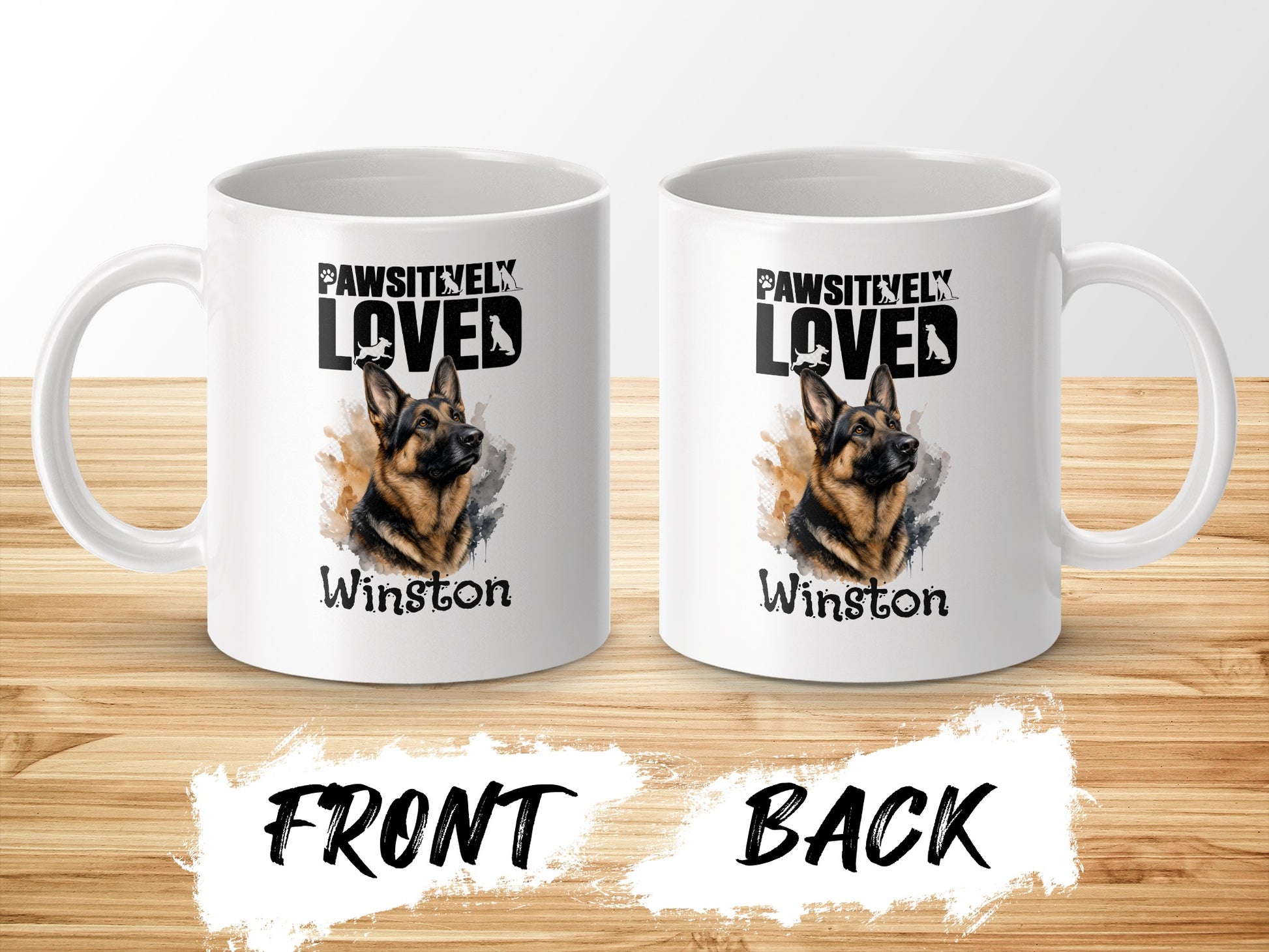 Two white mugs with German Shepherd art and "Winston" text.
