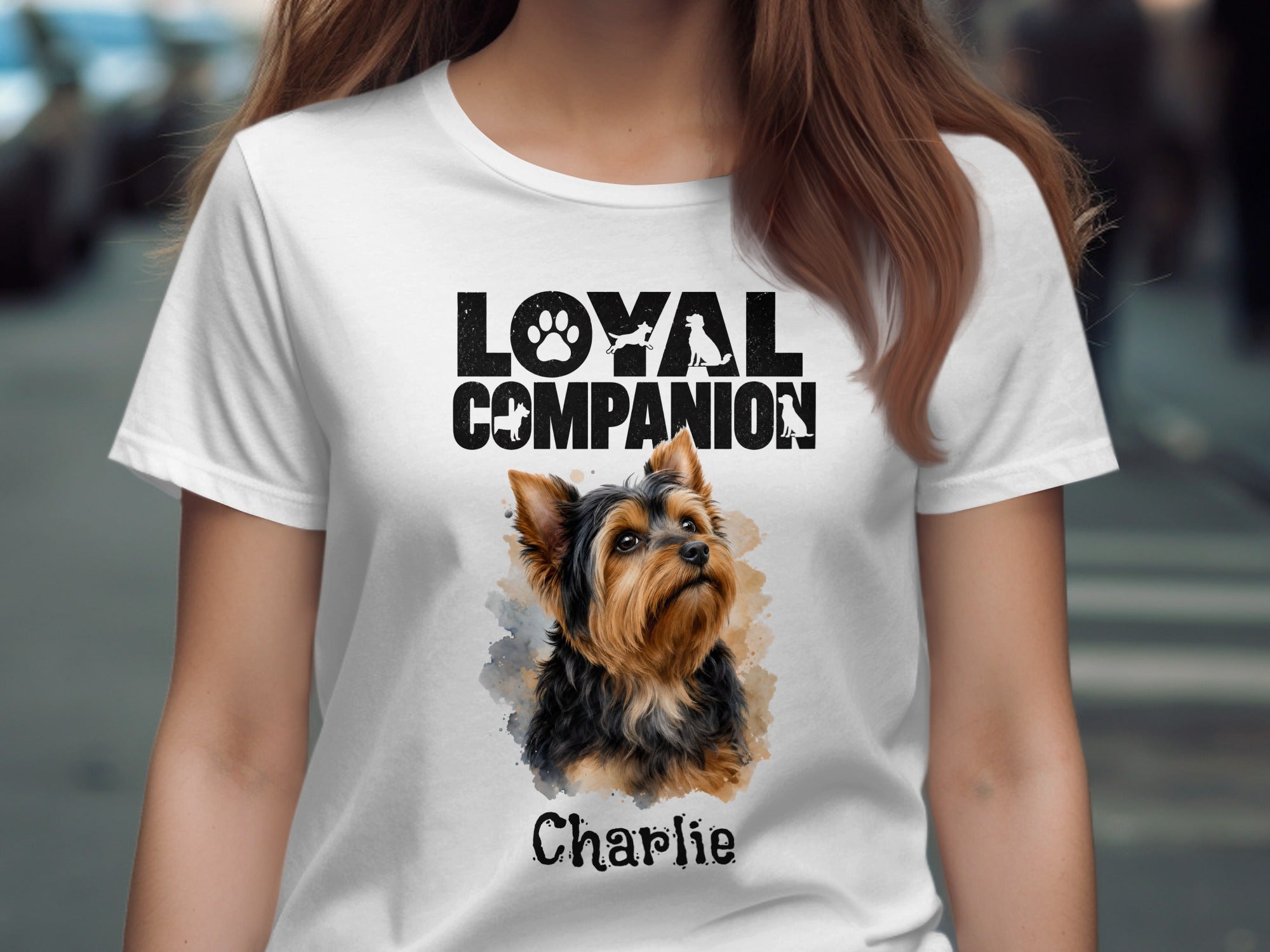 White t-shirt with "LOYAL COMPANION" text and a Yorkshire Terrier portrait named Charlie.