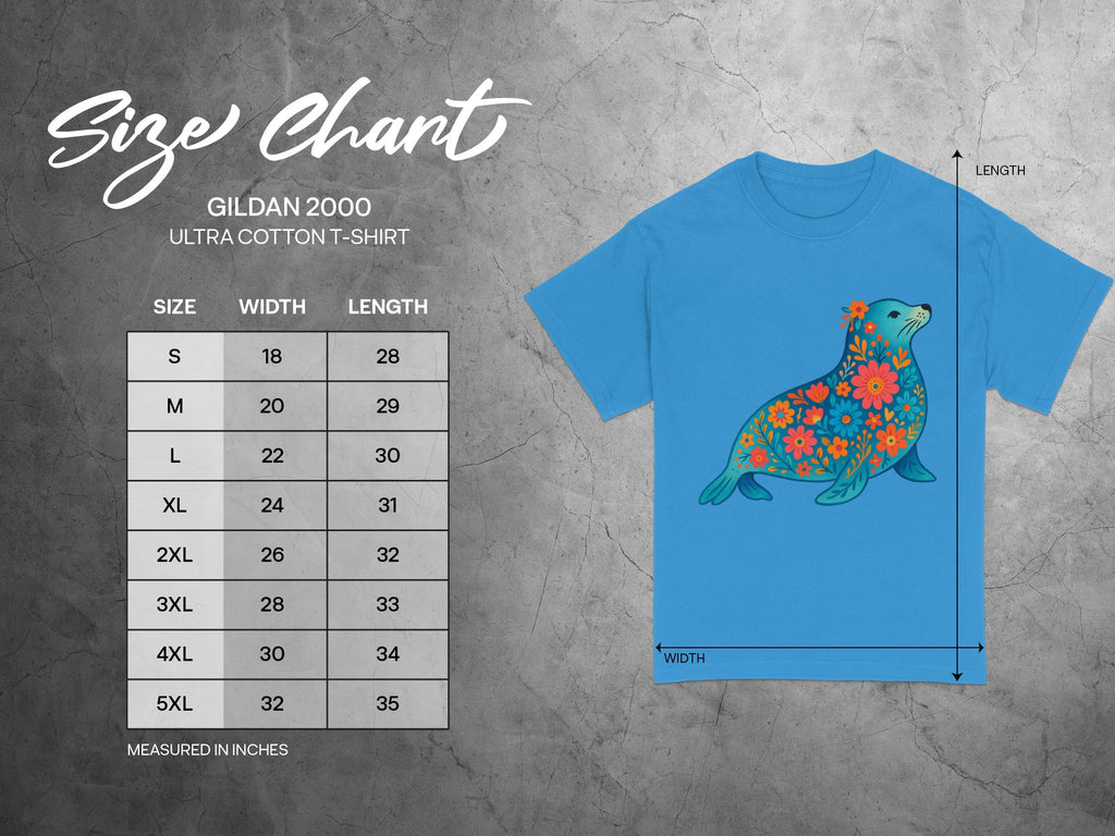 Gildan 2000 Ultra Cotton T-Shirt size chart with width and length measurements in inches.