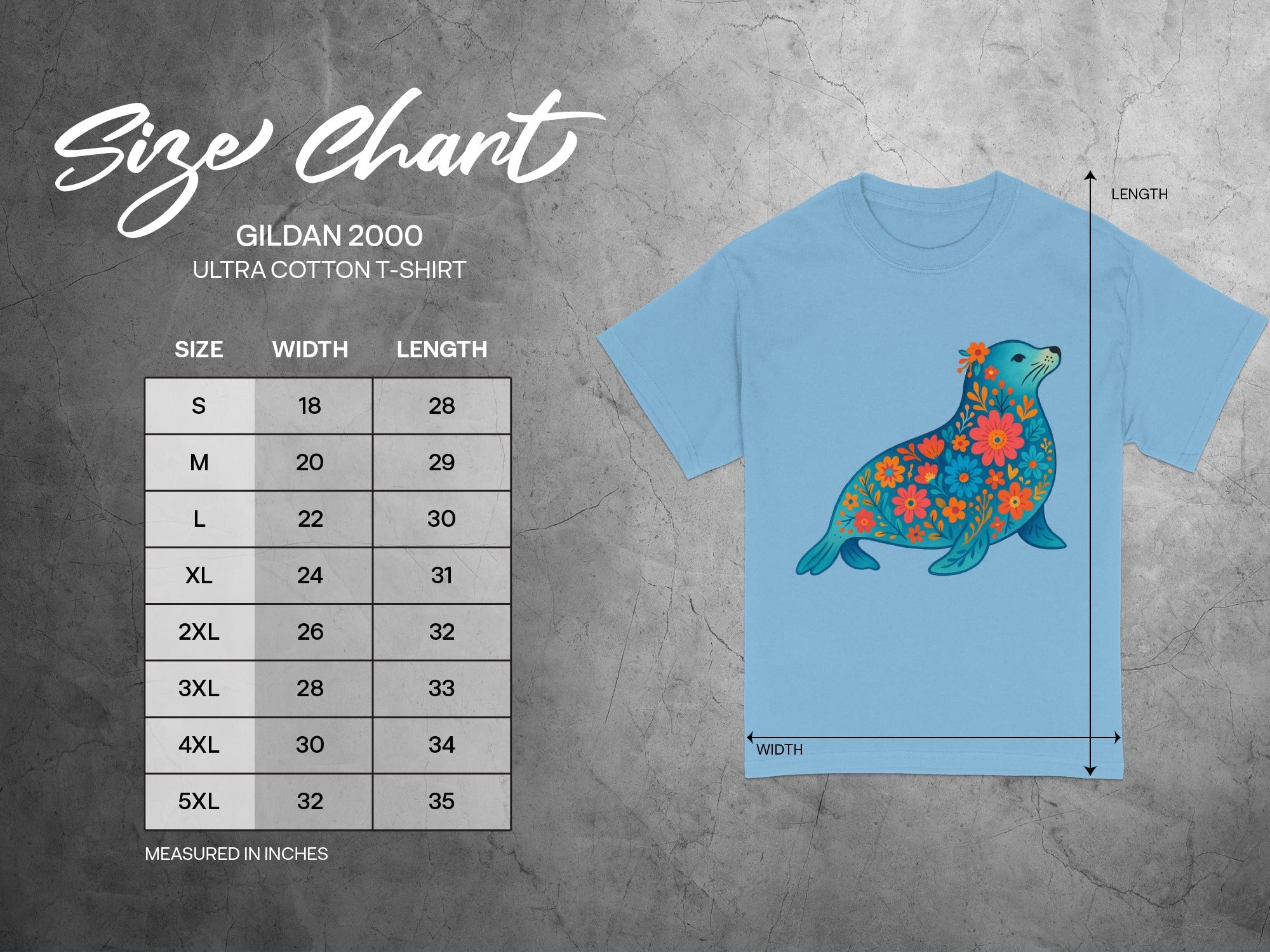 Gildan 2000 Ultra Cotton T-shirt size chart with floral seal graphic.