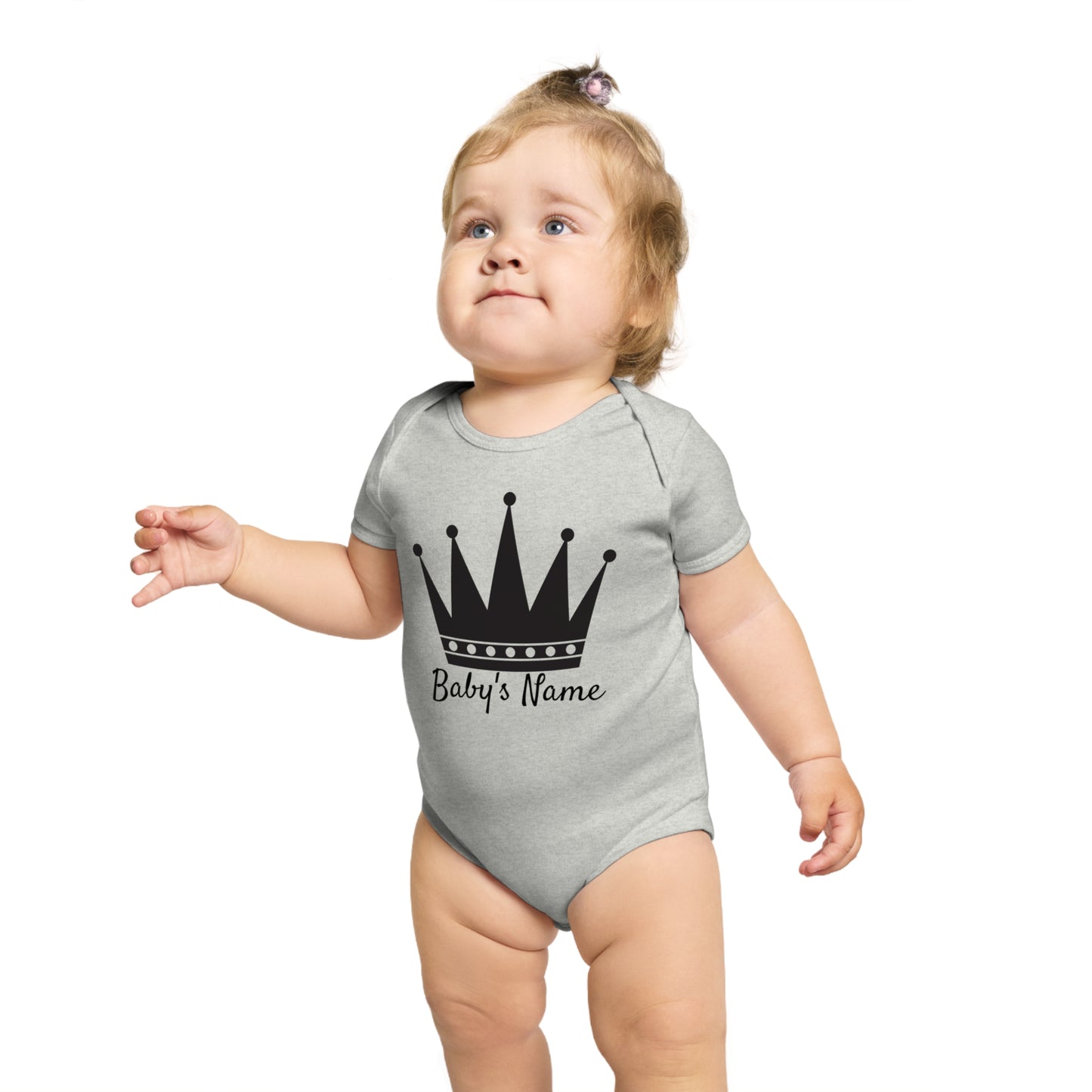Baby wearing a grey bodysuit with a black crown and "Baby's Name" text.