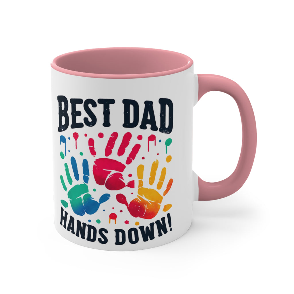 Mug with "BEST DAD HANDS DOWN!" and colorful handprints.