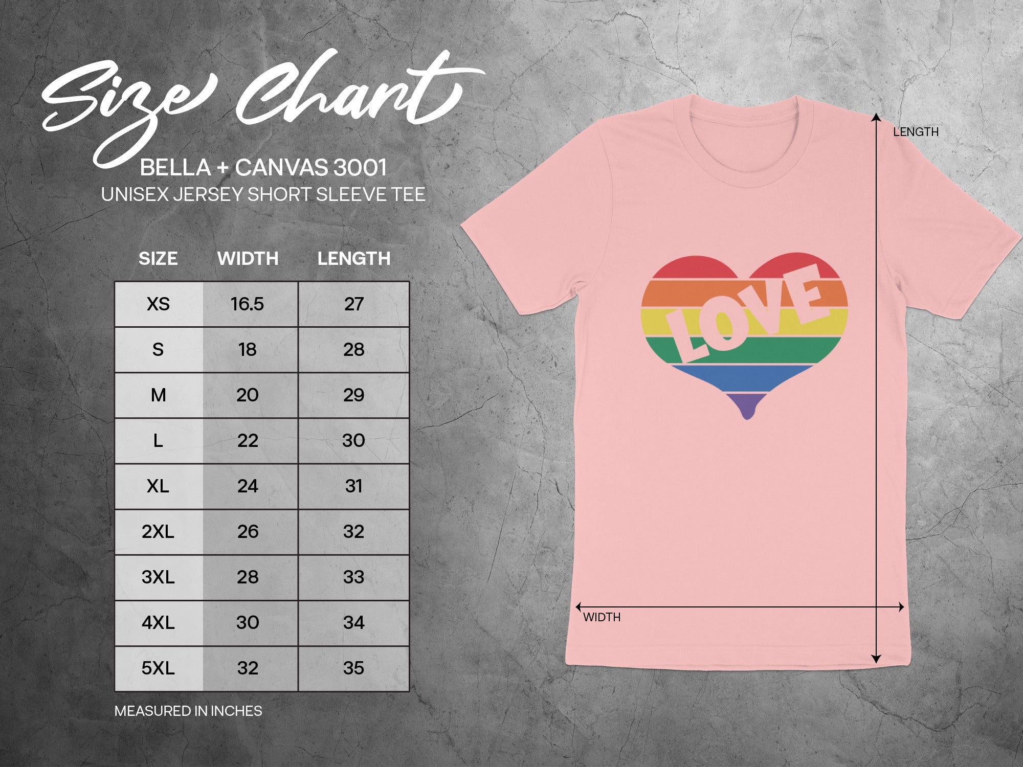 BELLA + CANVAS 3001 unisex t-shirt size chart with "LOVE" rainbow heart graphic.