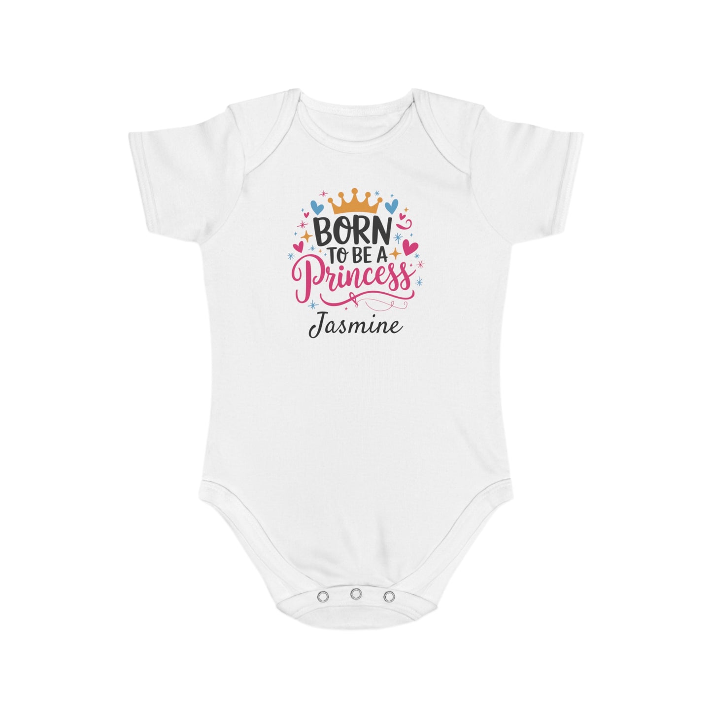 White baby bodysuit with "Born to be a Princess Jasmine" text and heart graphics.