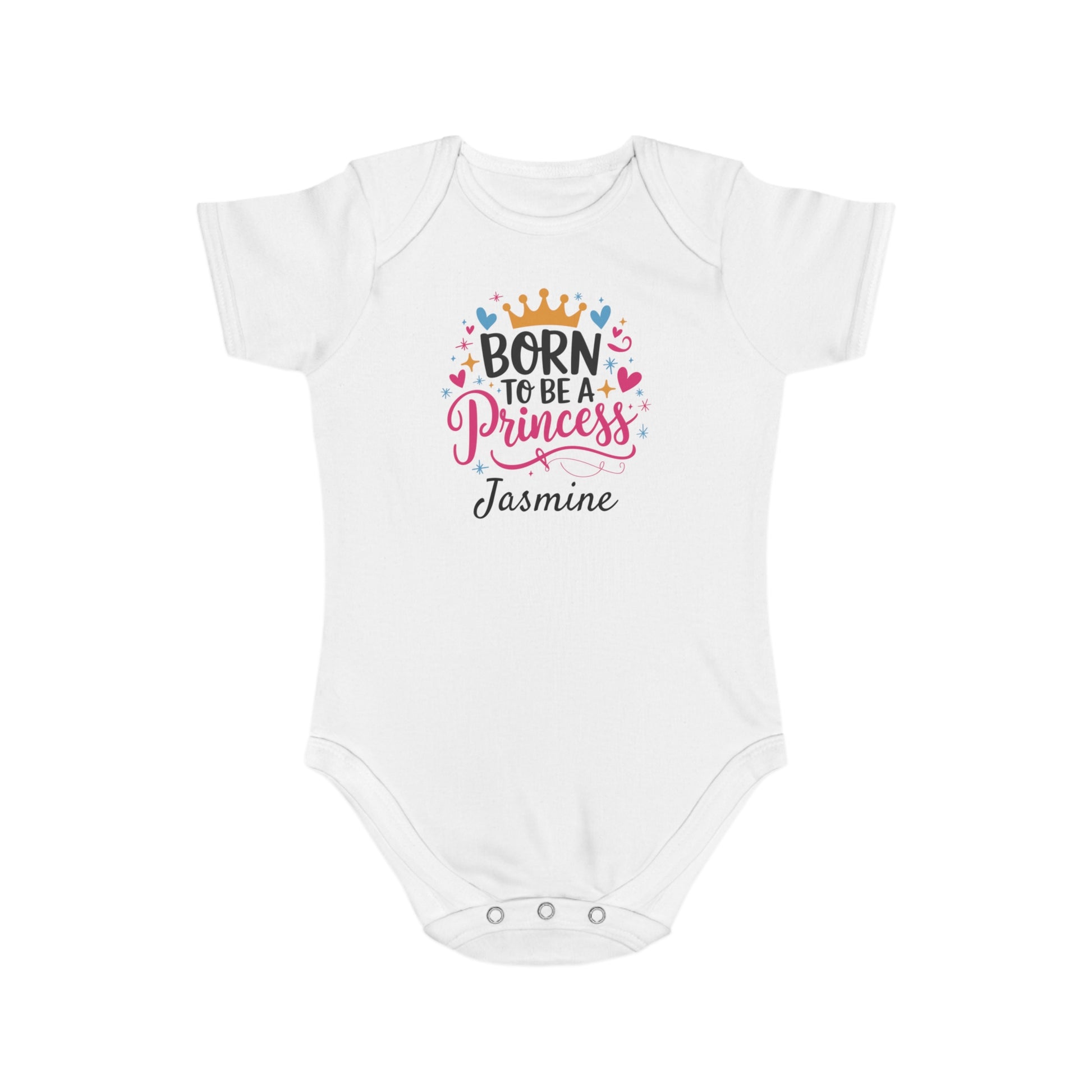 White baby bodysuit with "Born to be a Princess Jasmine" text and heart graphics.