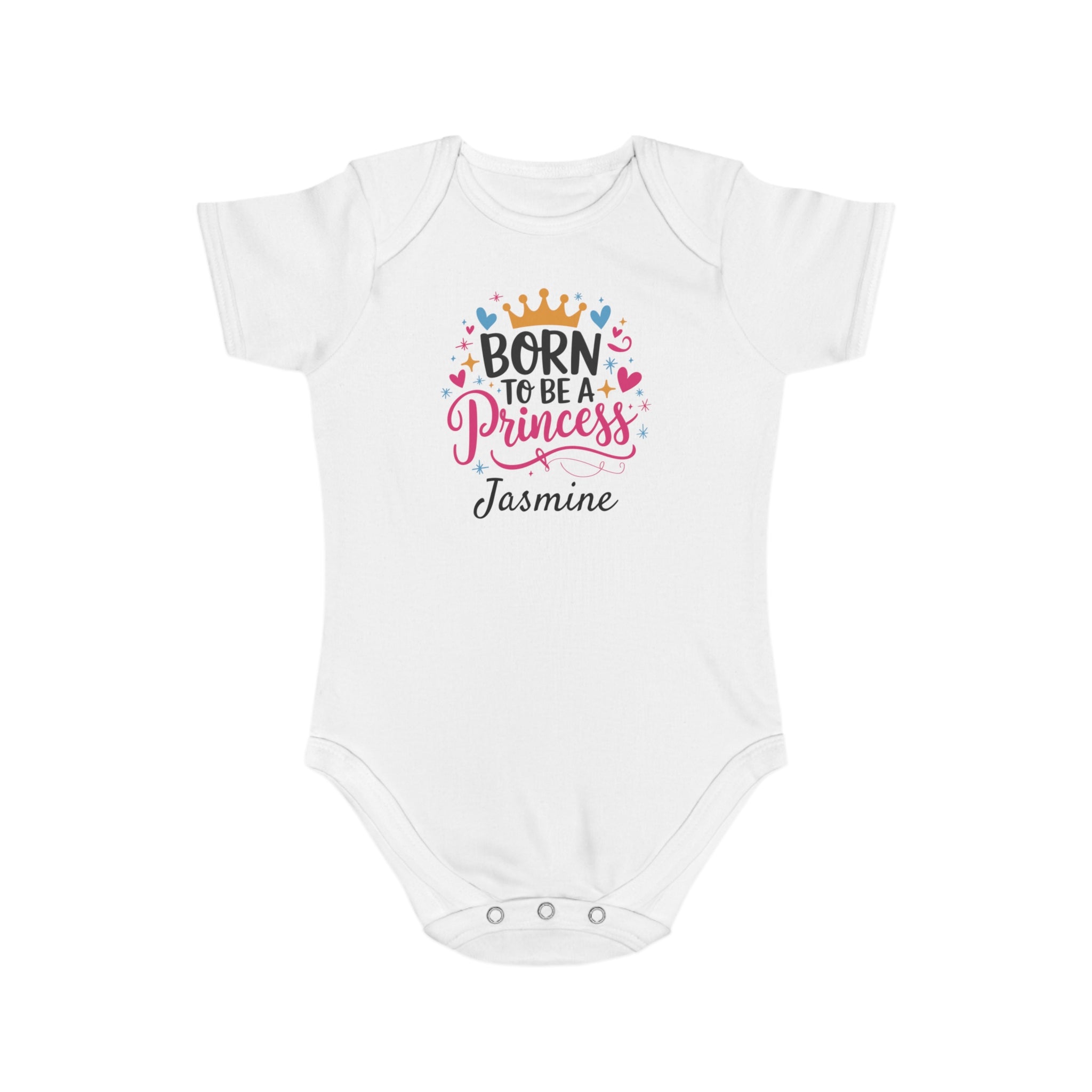 White baby bodysuit with "Born to be a Princess Jasmine" text and heart graphics.