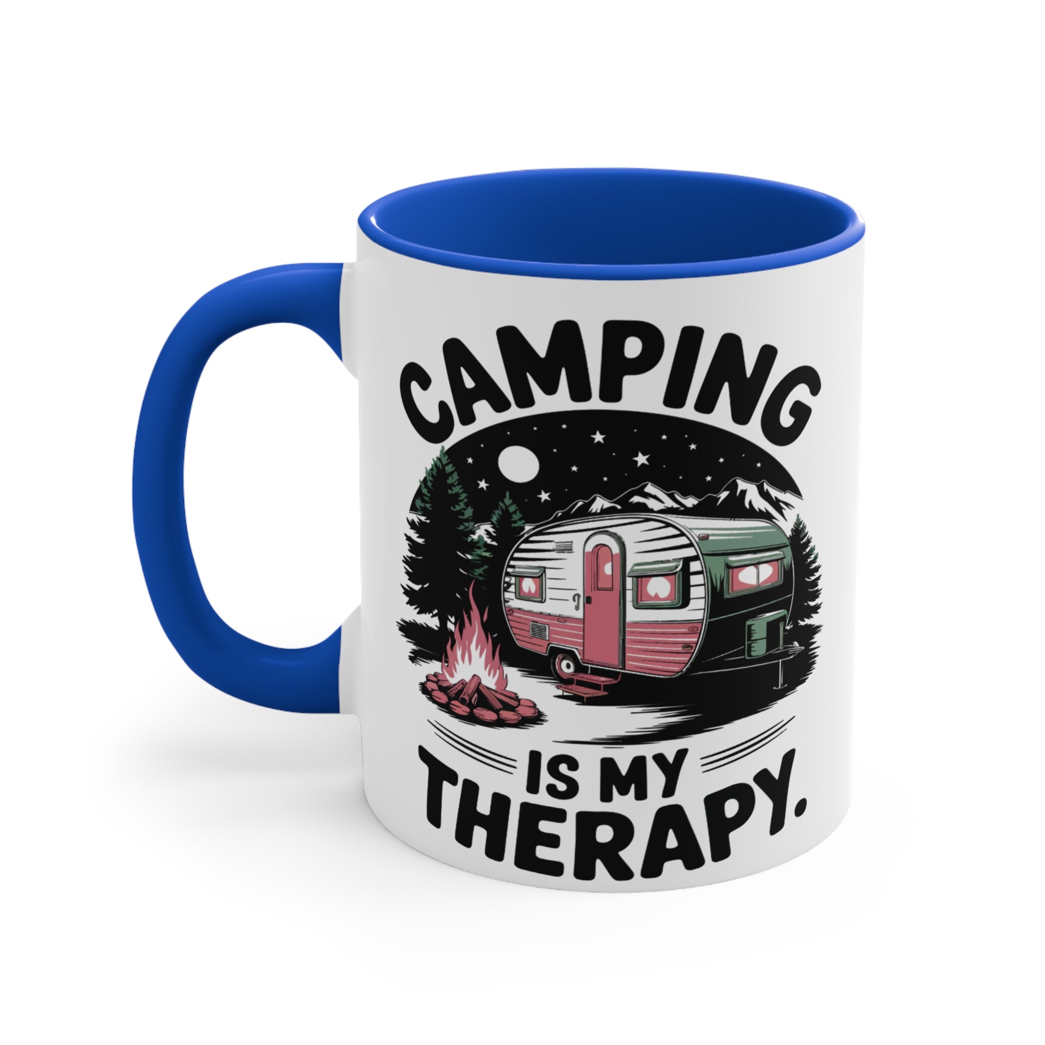 Camping mug with a vintage camper, campfire, and mountains graphic, text "Camping IS MY THERAPY."