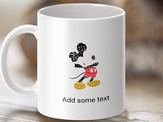 Mug with Mickey Mouse made of words, "Add some text" below.