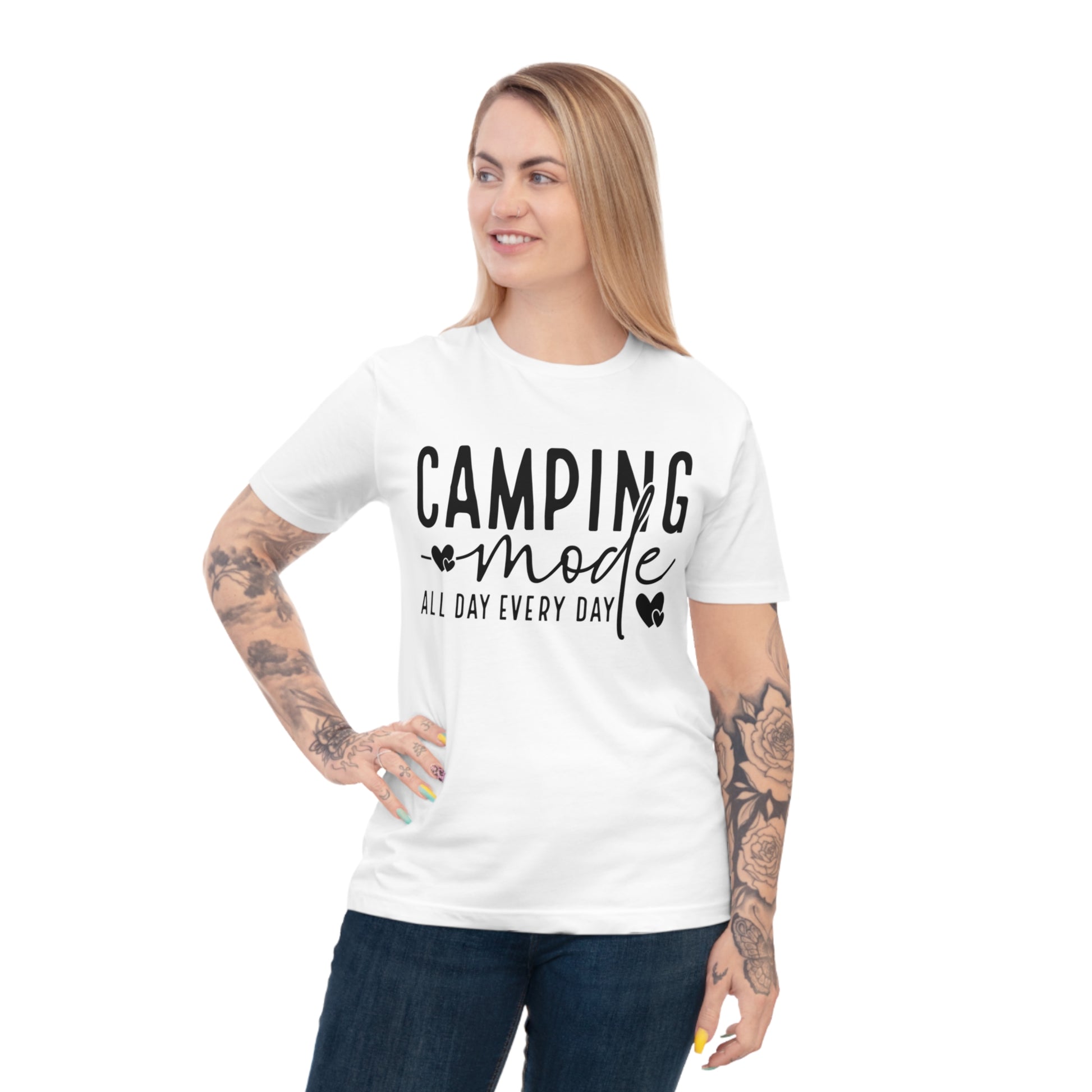 White t-shirt with black text reading "CAMPING mode ALL DAY EVERY DAY".