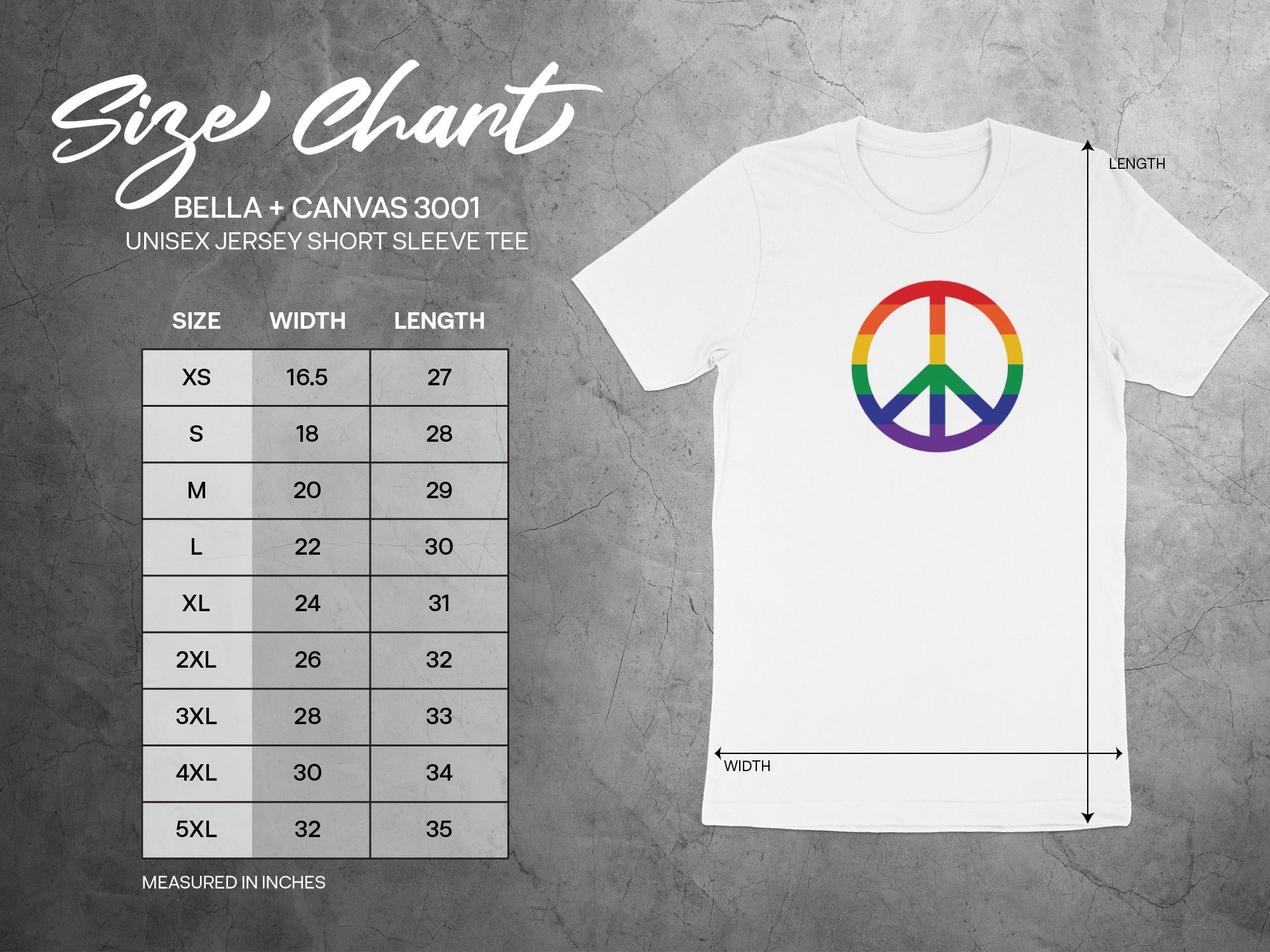BELLA + CANVAS 3001 unisex t-shirt size chart with rainbow peace sign graphic.