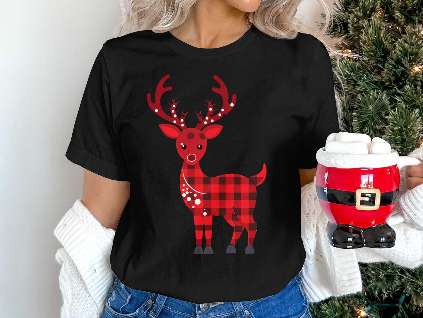 Cute Red Plaid Reindeer Christmas Tee Shirt