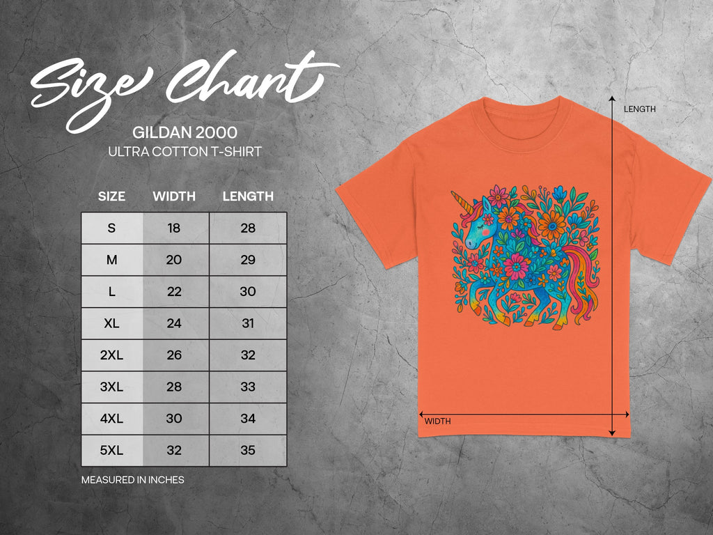 Gildan 2000 Ultra Cotton t-shirt size chart with measurements in inches.