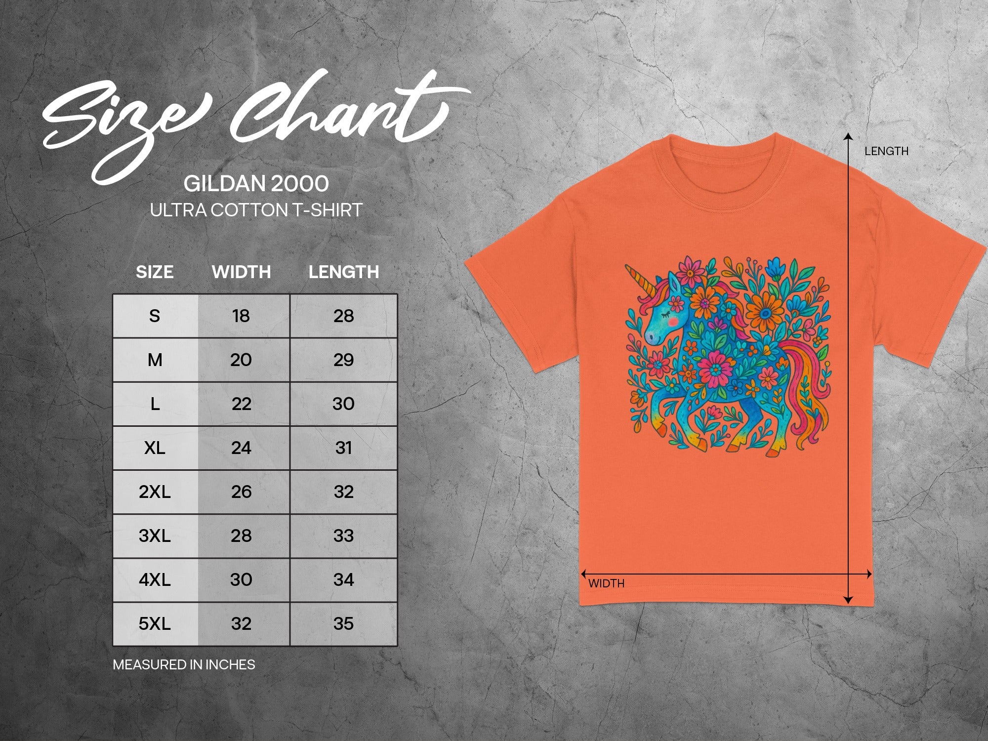 Gildan 2000 Ultra Cotton t-shirt size chart with measurements in inches.