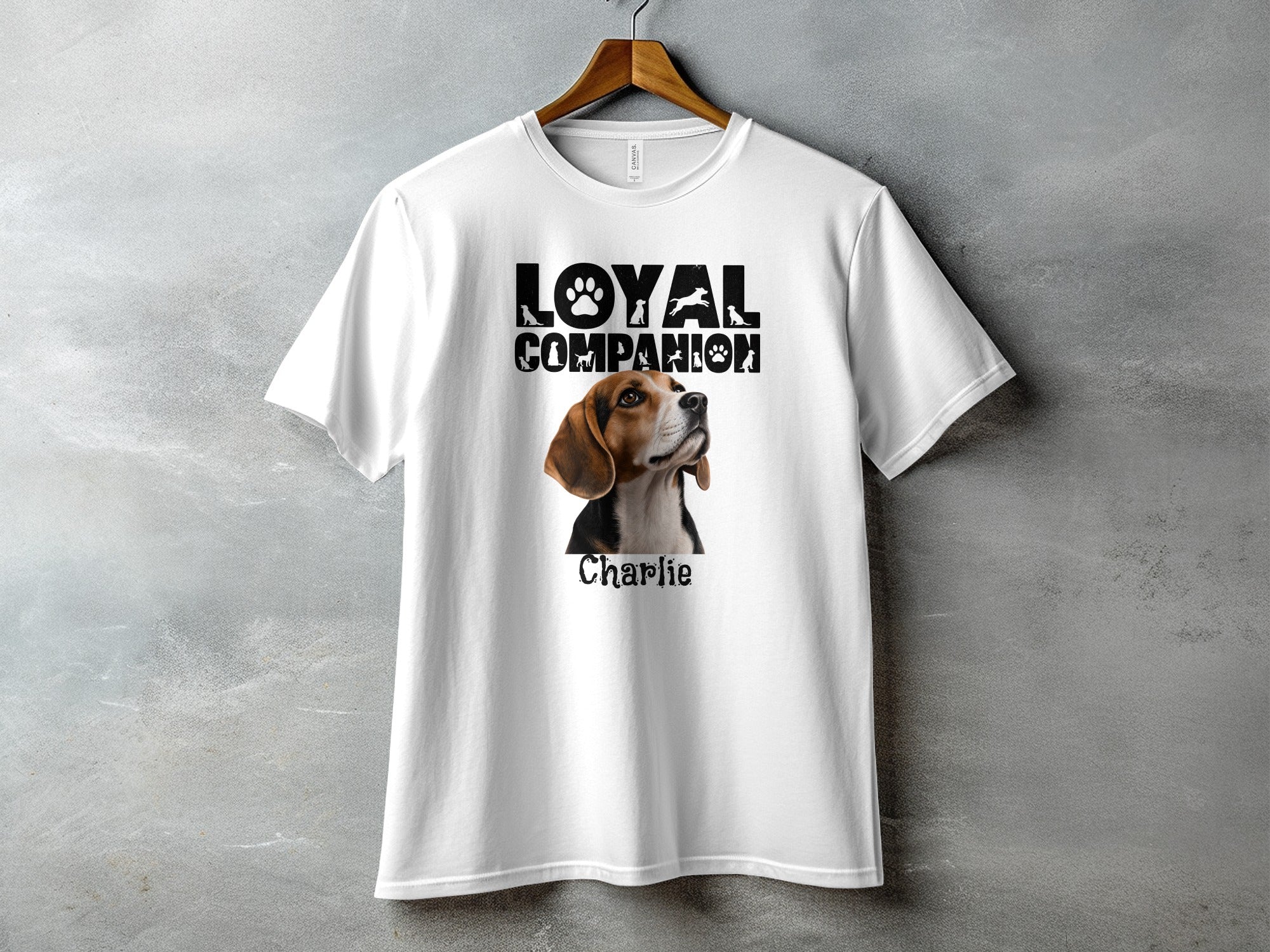 White t-shirt with "Loyal Companion" text and a beagle named Charlie.