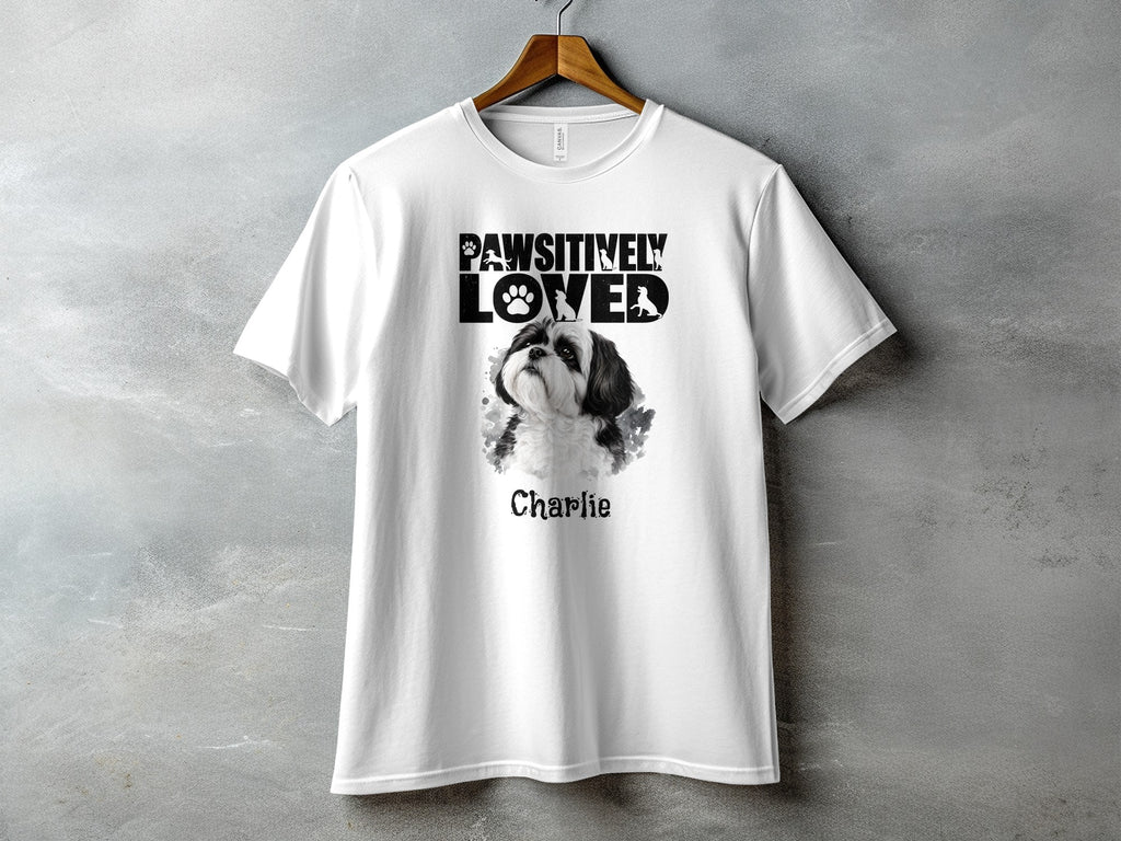 White t-shirt with "Pawsitively Loved" text and a black and white Shih Tzu portrait.