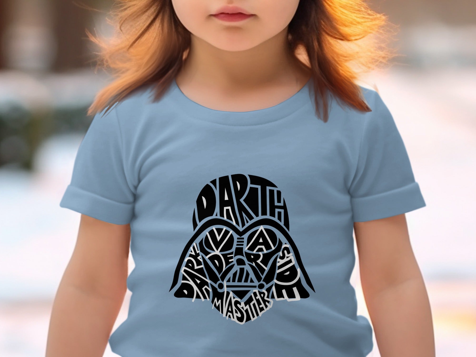 Light blue t-shirt with a Darth Vader helmet graphic made of text.