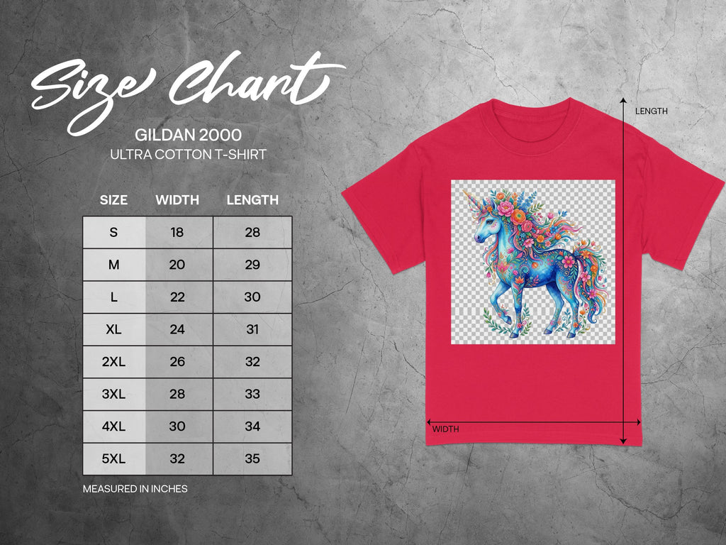 Gildan 2000 Ultra Cotton T-Shirt size chart with unicorn graphic, measured in inches.