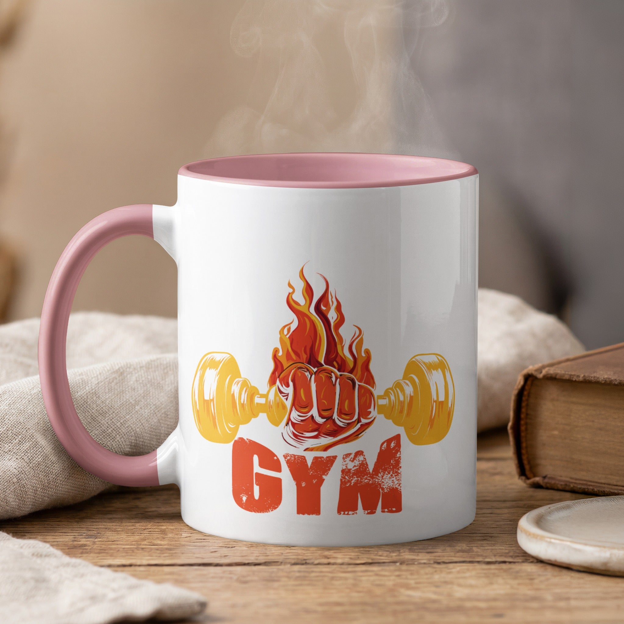 Mug with fist holding barbell, flames, and "GYM" text.