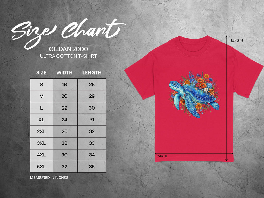 Gildan 2000 Ultra Cotton T-shirt size chart with chest width and length measurements.