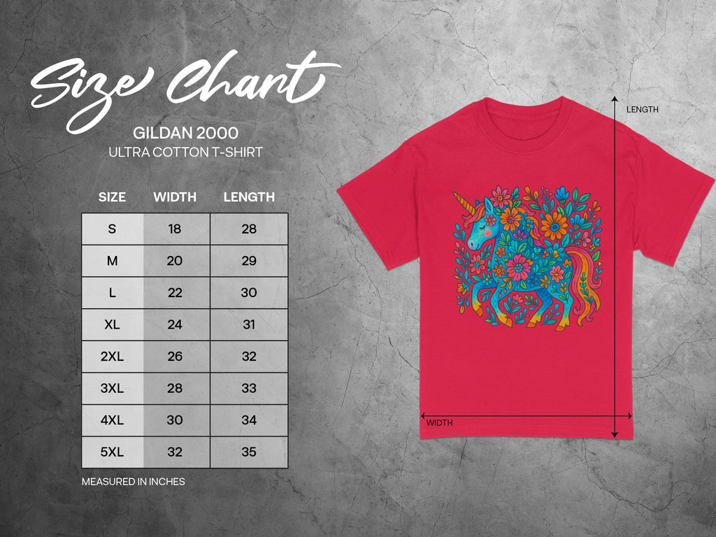 Gildan 2000 Ultra Cotton T-Shirt size chart with unicorn graphic on red shirt.