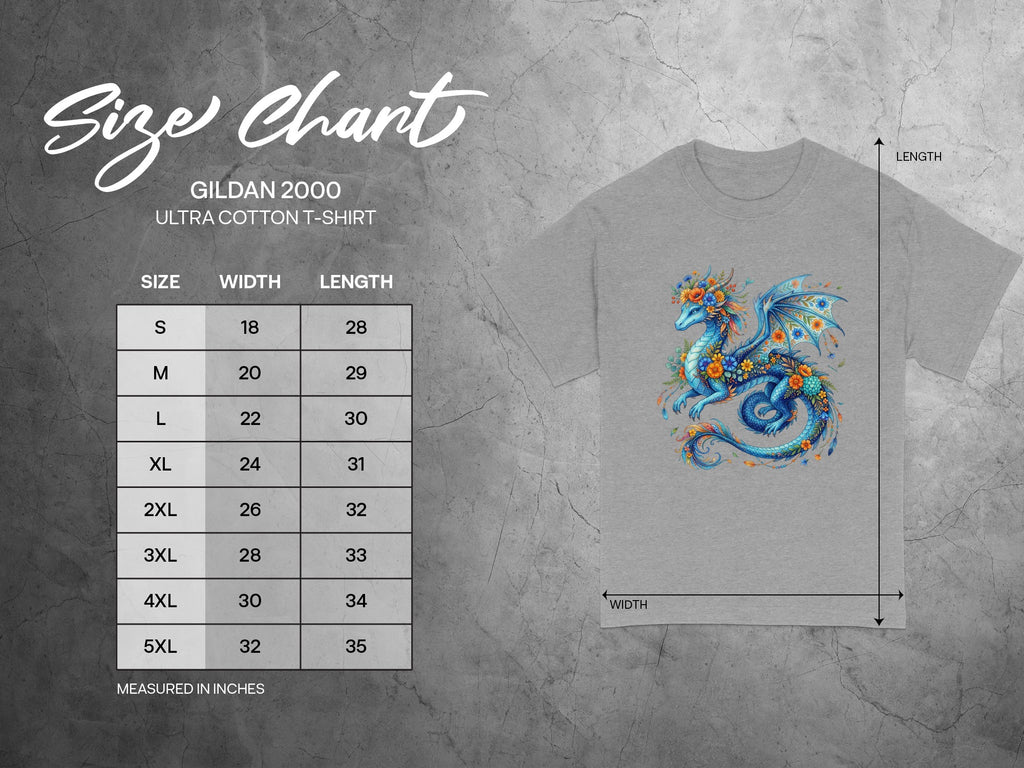 Gildan 2000 Ultra Cotton t-shirt size chart with measurements in inches.