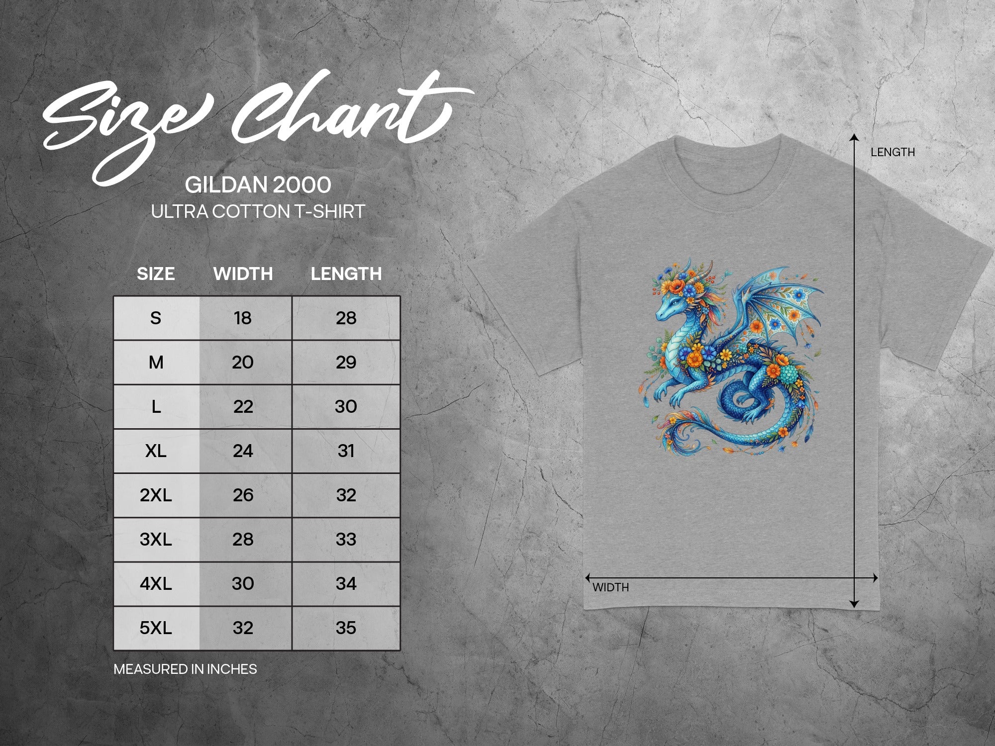 Gildan 2000 Ultra Cotton t-shirt size chart with measurements in inches.