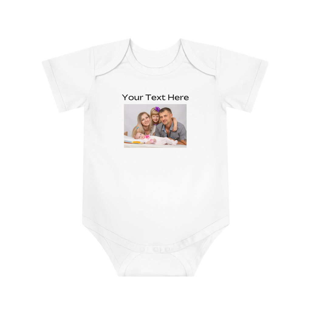 White baby bodysuit with a family photo and "Your Text Here" above it.