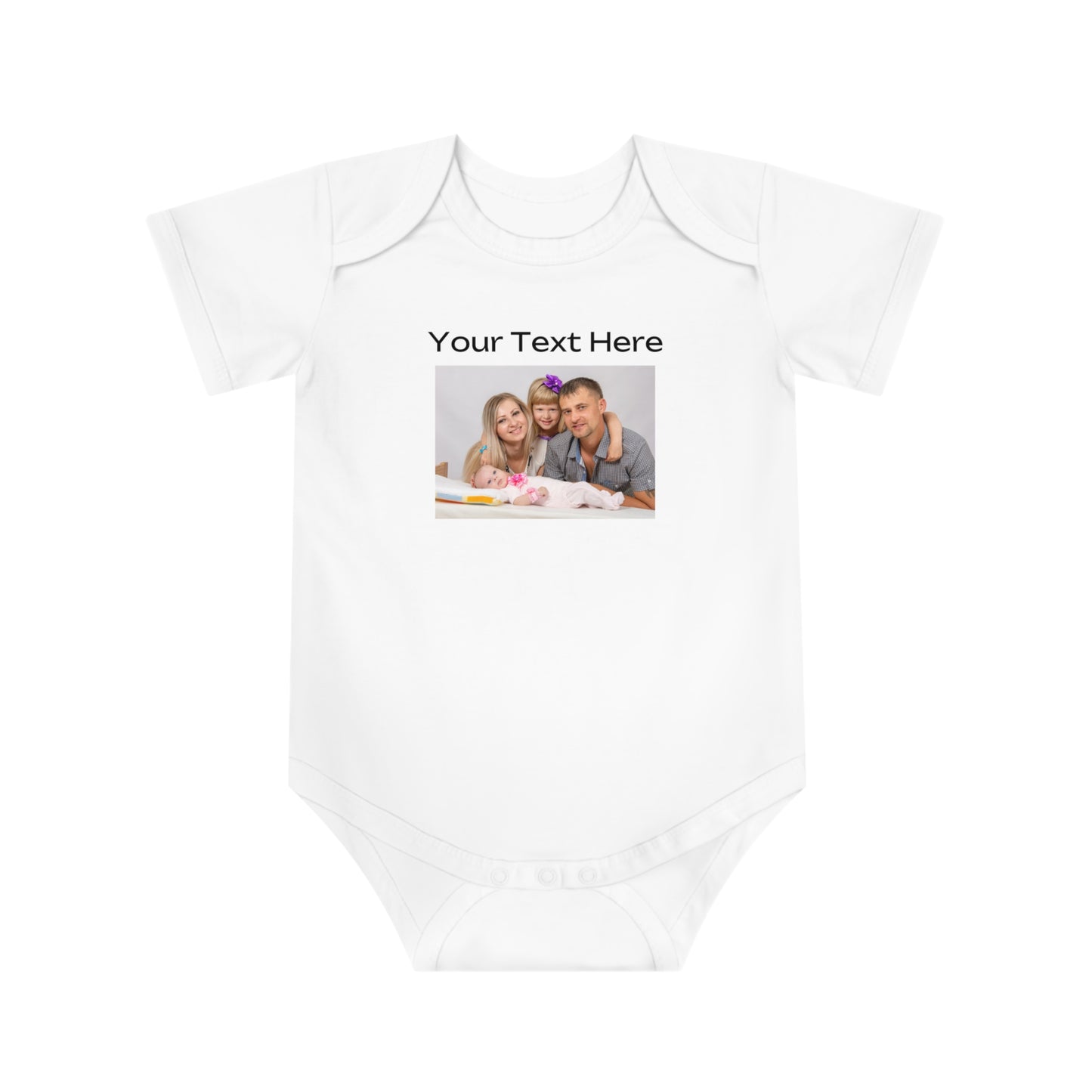 White baby bodysuit with a family photo and "Your Text Here" above it.