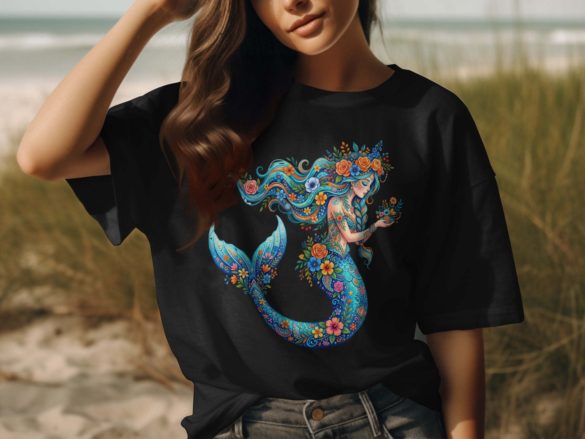 Black t-shirt featuring a colorful mermaid illustration with floral details.