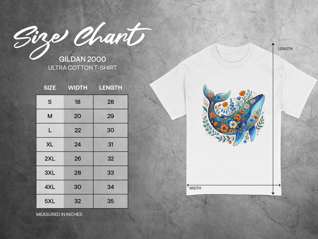 Gildan 2000 Ultra Cotton t-shirt size chart with width and length measurements in inches.