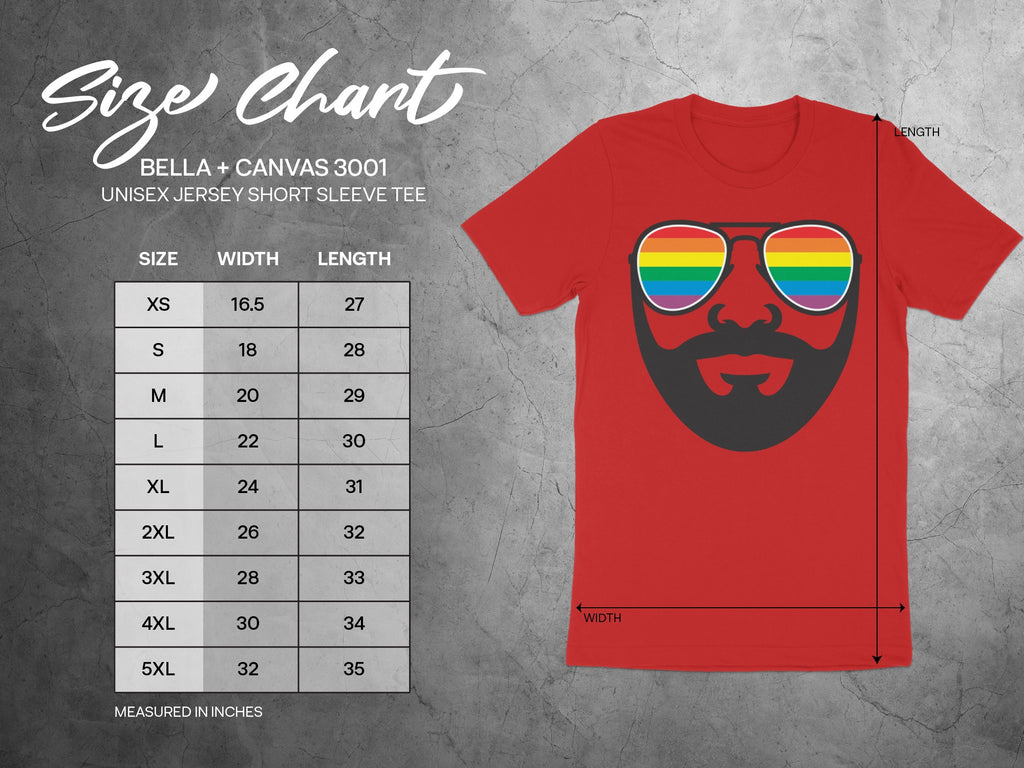 BELLA + CANVAS 3001 unisex short sleeve tee with size chart and rainbow sunglasses graphic.