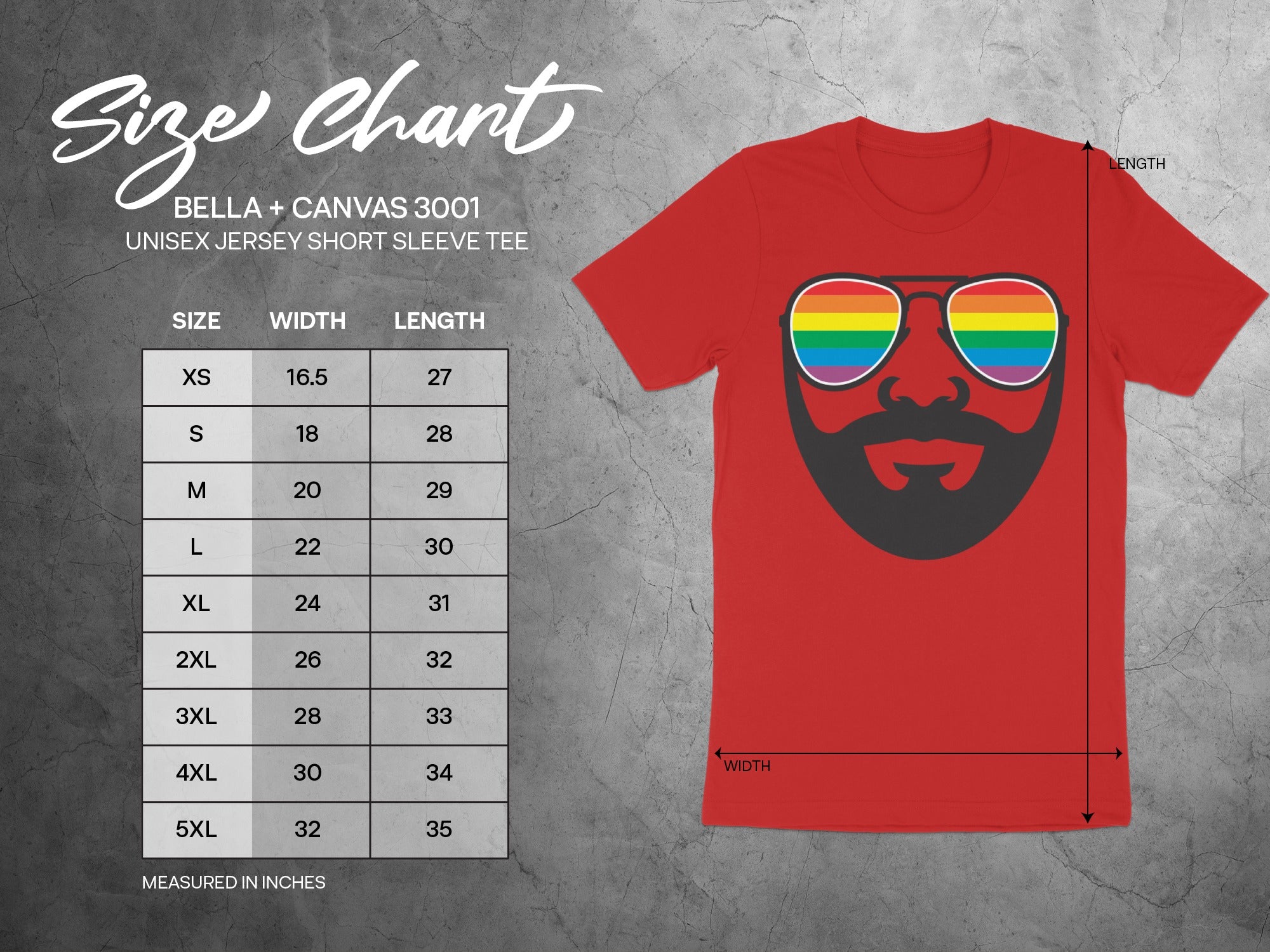 BELLA + CANVAS 3001 unisex short sleeve tee with size chart and rainbow sunglasses graphic.