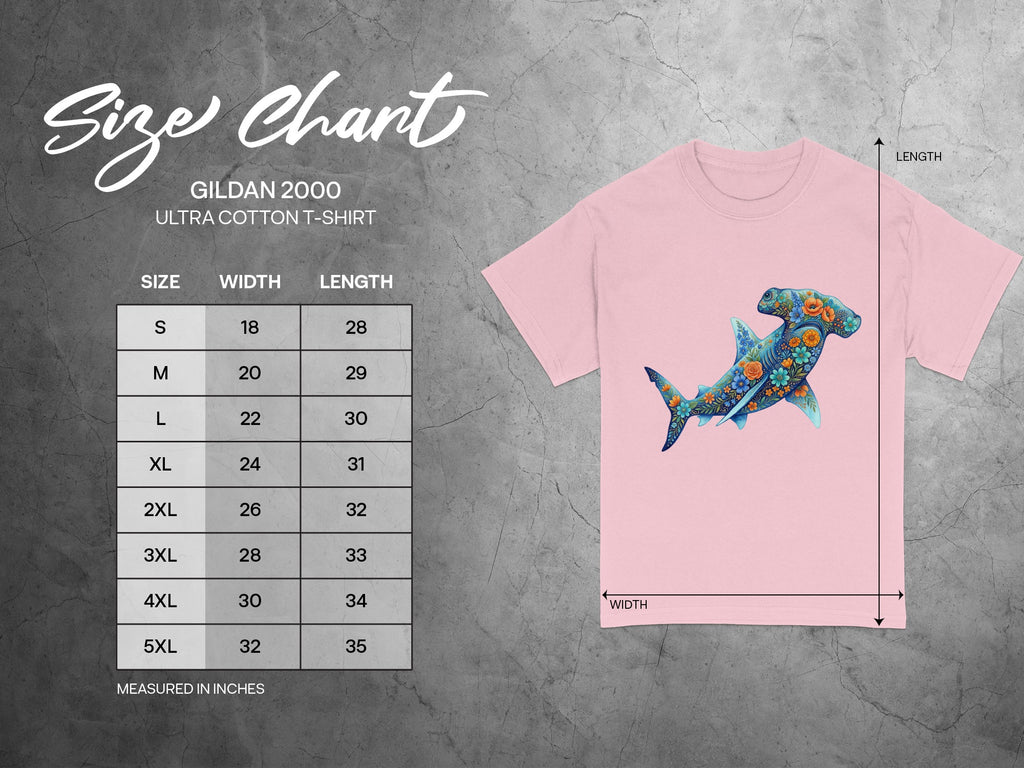 Gildan 2000 Ultra Cotton T-Shirt size chart with chest width and length measurements.