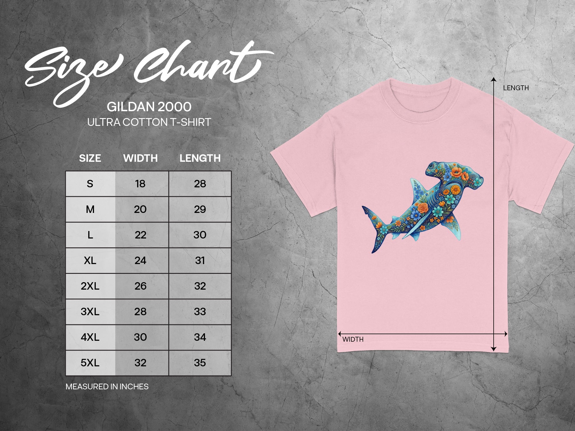 Gildan 2000 Ultra Cotton T-Shirt size chart with chest width and length measurements.