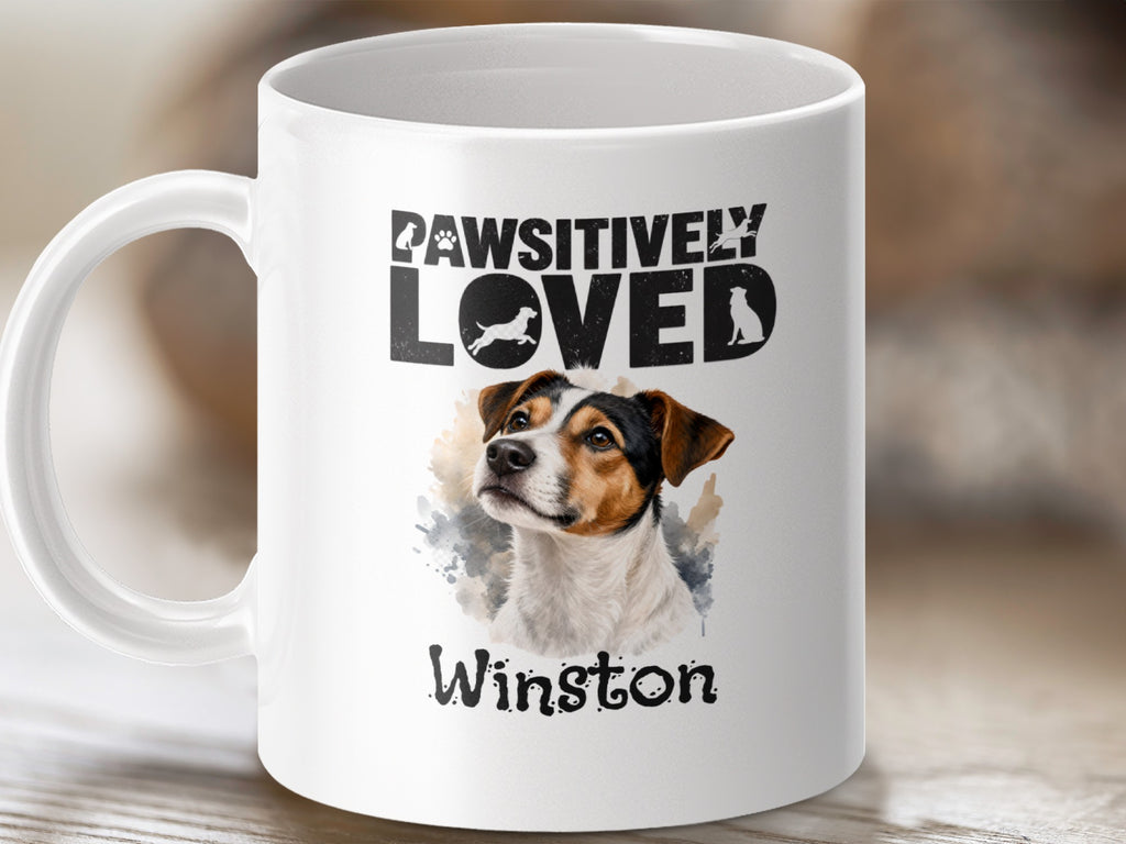 White mug with "PAWSITIVELY LOVED" text and a dog portrait labeled "Winston."