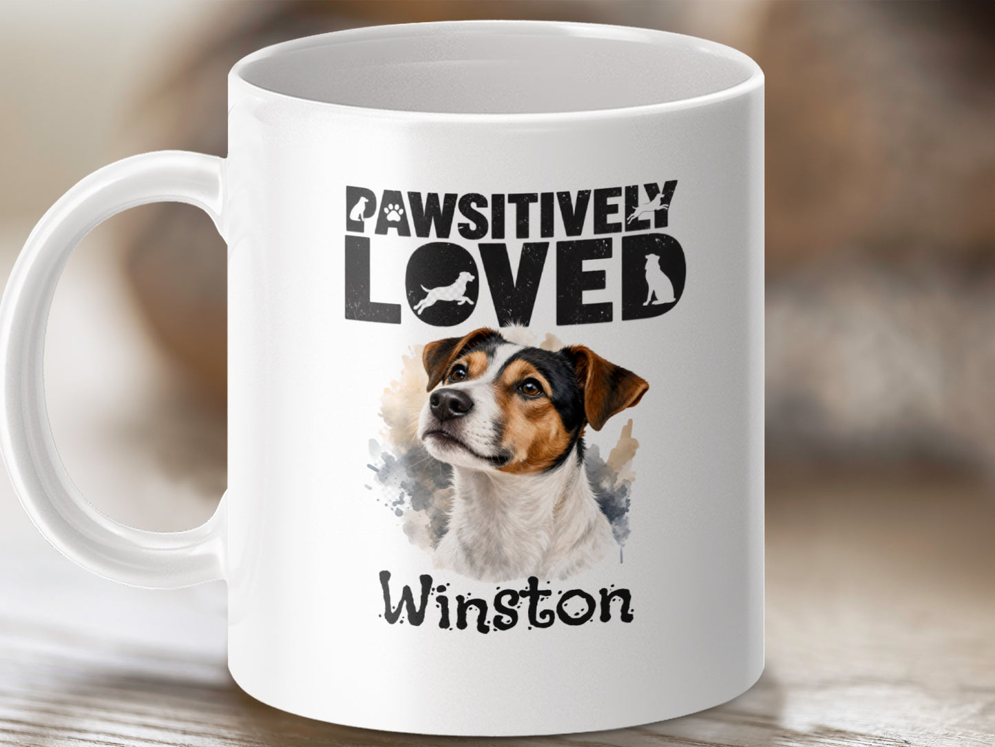 White mug with "PAWSITIVELY LOVED" text and a dog portrait labeled "Winston."
